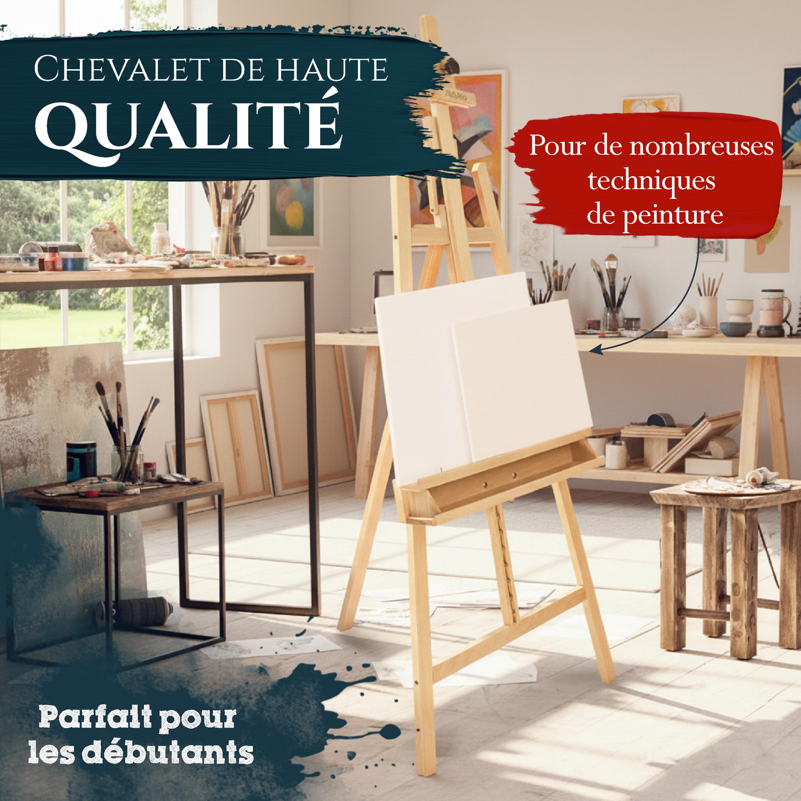 Artina Grand Chevalet d'Atelier 66x225 cm Barcelona – Chevalet Tripode en Bois de Hêtre Réglable avec Support de Peinture – FSC® Bois Pliable pour Toiles jusqu'à 120cm
