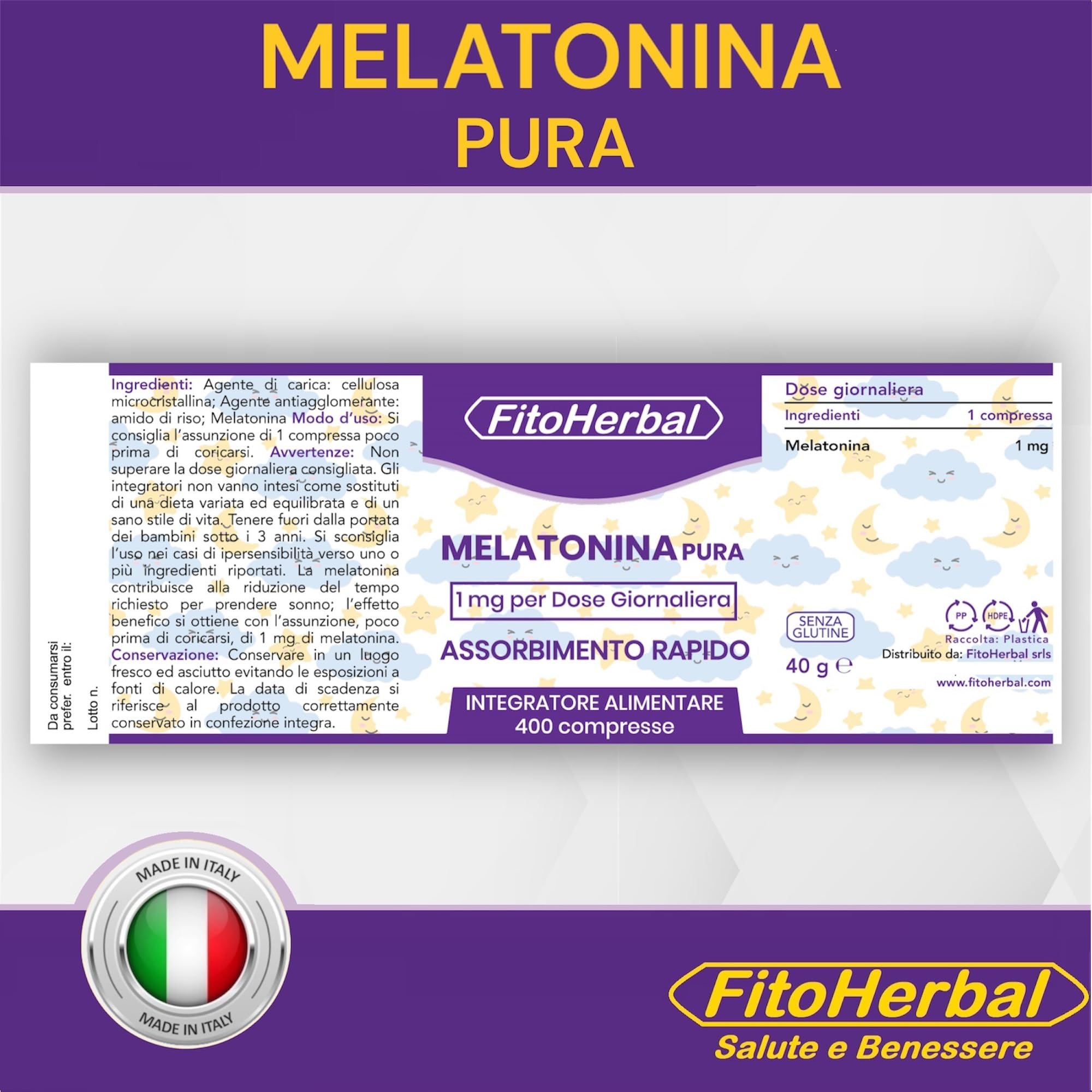 FitoHerbal Melatonina Pura Forte 1 mg 400 Mini Compresse Integratore per Dormire Sonno Naturale