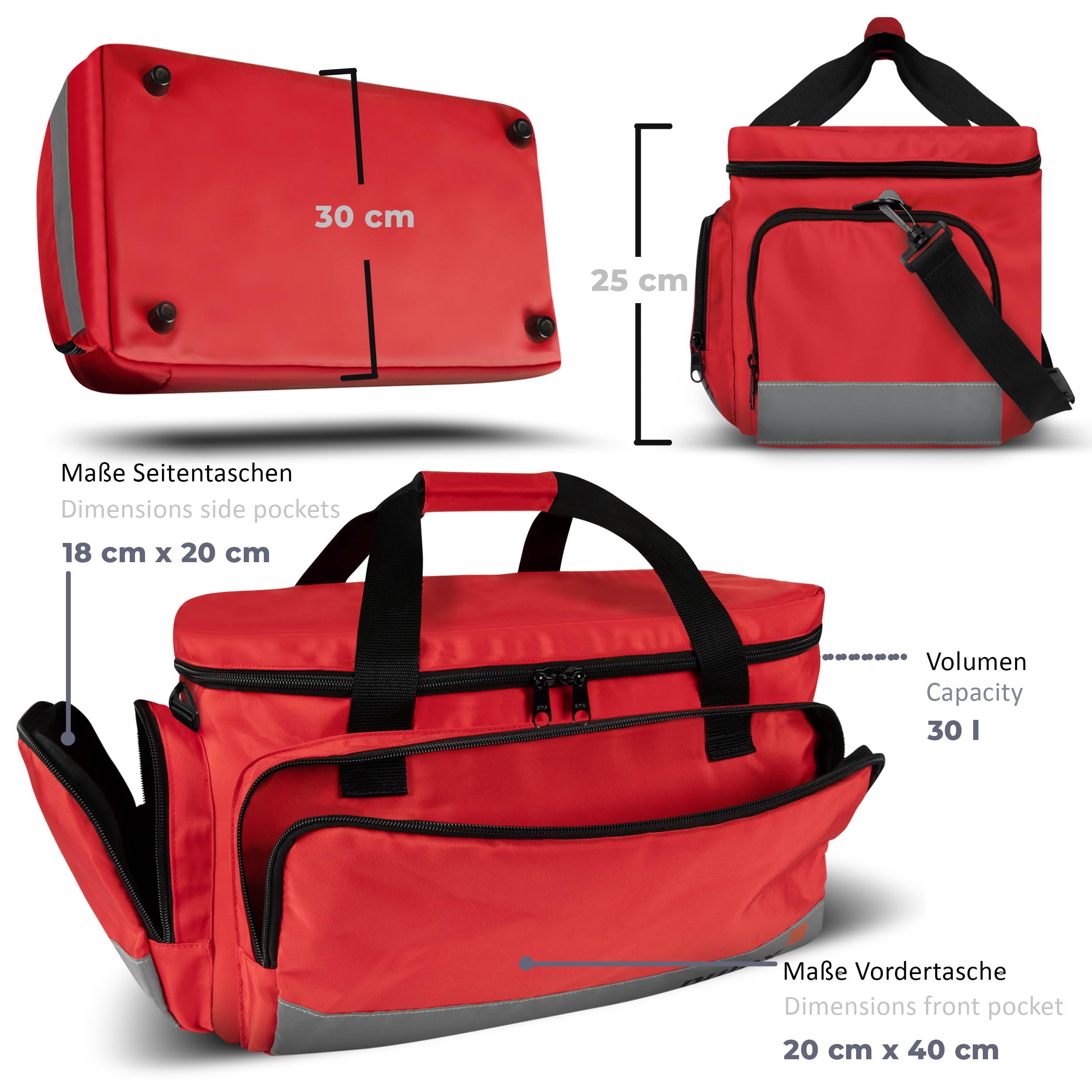 PULOX Notfalltasche mit Befüllung & Pulsoximeter PO-200 Solo Rot | Große professionelle Sanitätstasche aus Nylon, sofort einsatzbereit für Rettungsdienst, Praxis und Notfallversorgung