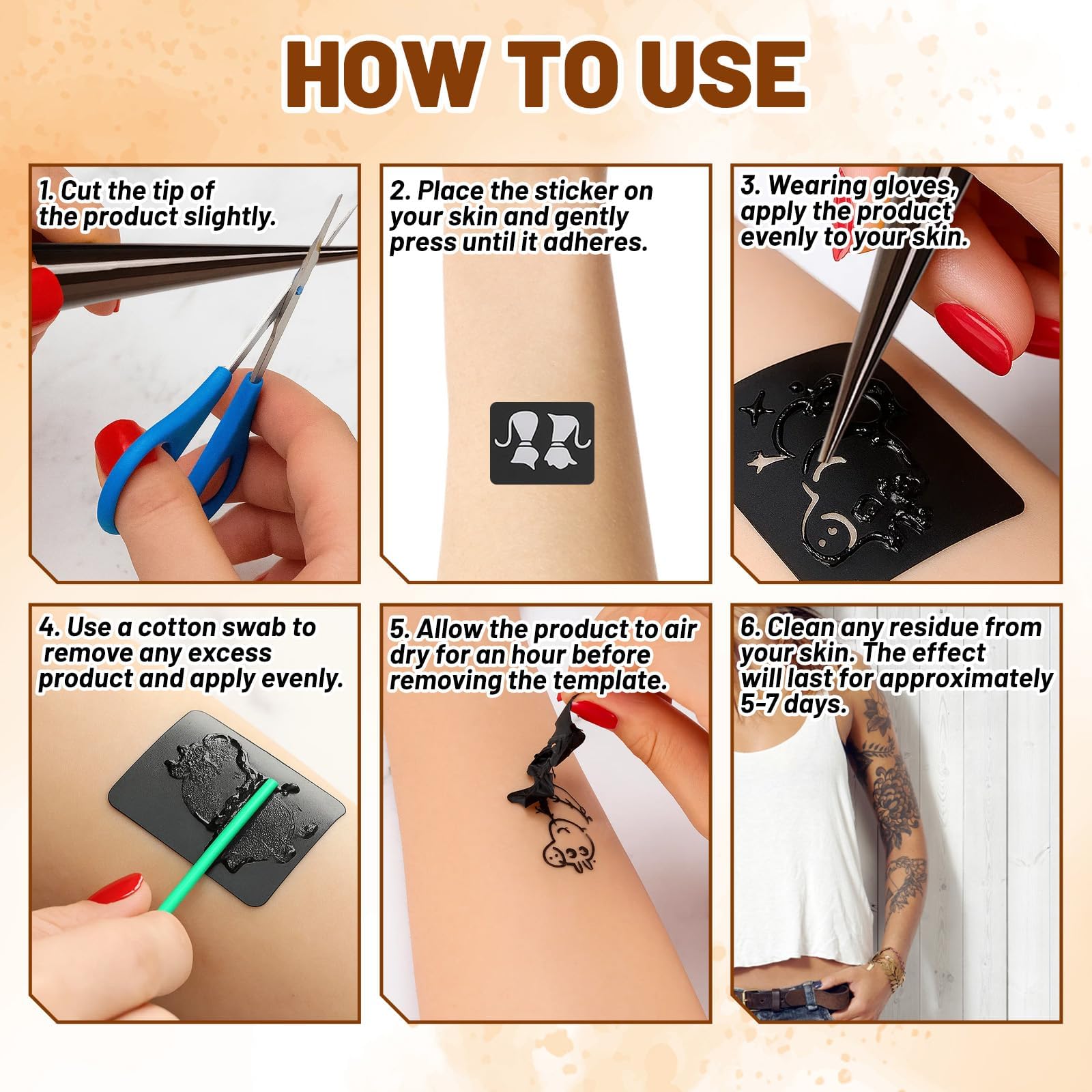 Henna Cones, 4-Piece Brown Henna Paste with 20 Stencils and Hand Templates, for Body Art Ready to Use for Festivals - Image 3