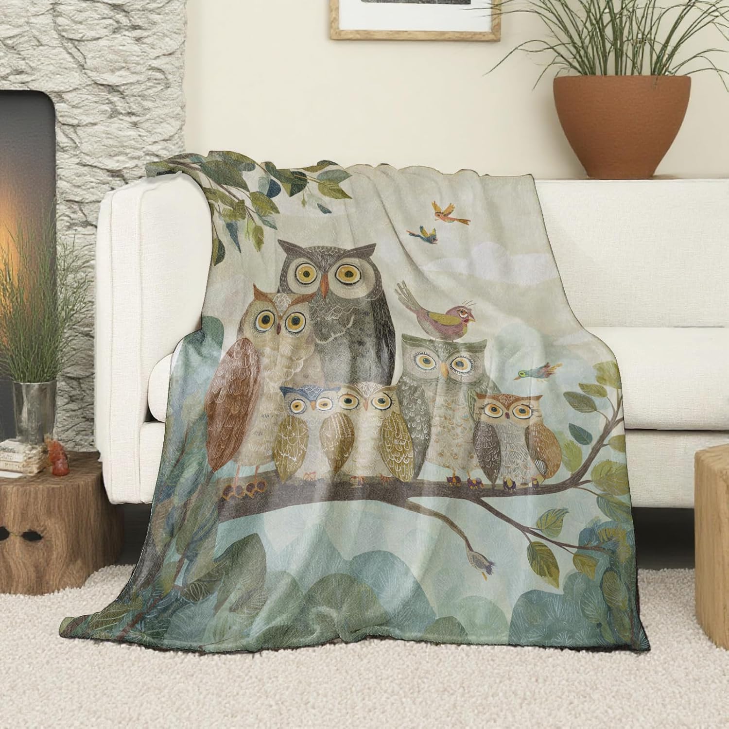 Owl Family Blanket, Soft Cozy Lightweight Whimsical Woodland Owls on Tree Branch Throw Blanket for Women Girls Teens Kids, Sofa Couch Bed 50x60 Inch Flannel Blankets for Travel Decor Gifts