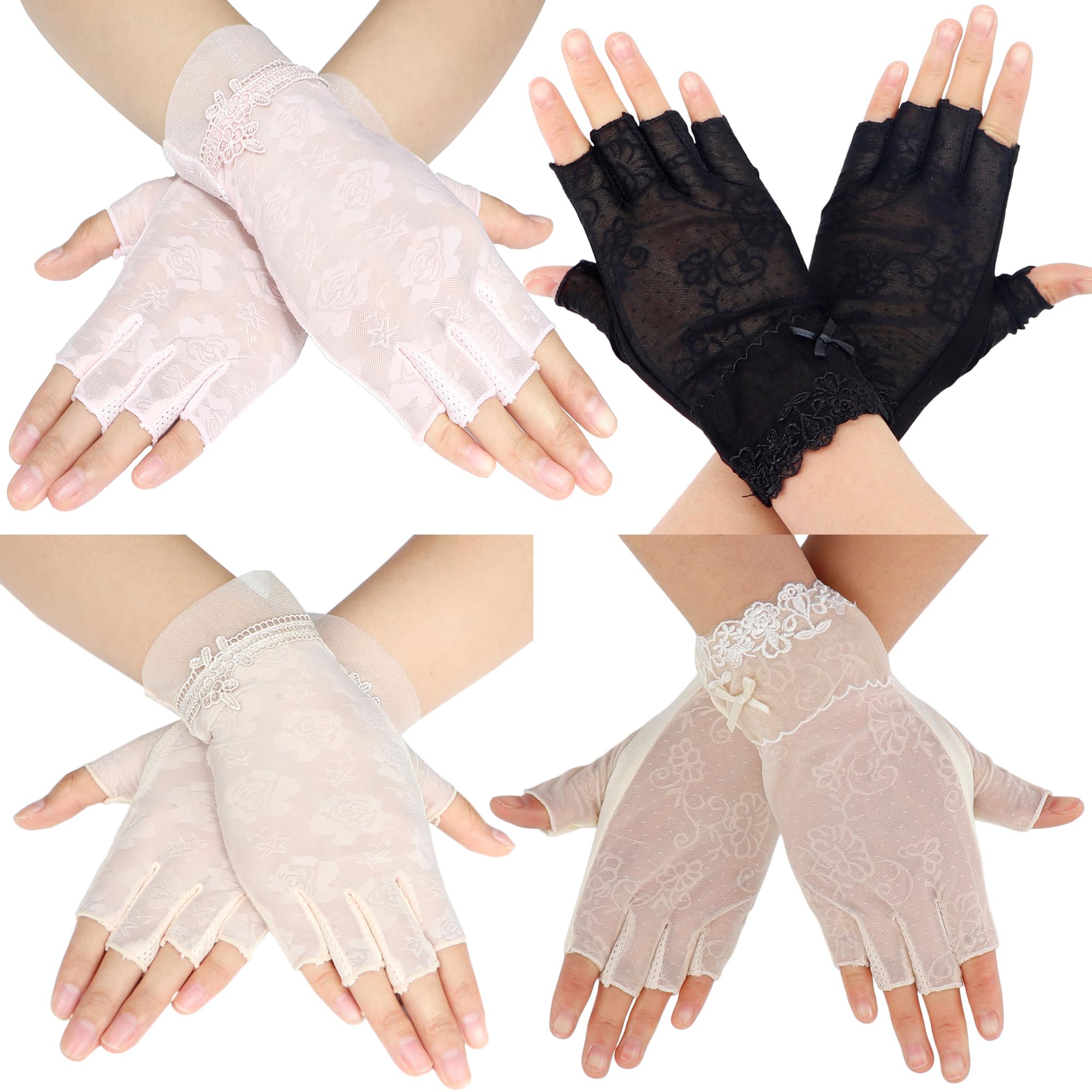 Coolwife Lace Gloves 4 Pairs Women Floral Ladies Bridal Tea Party Vintage Cosplay Fancy Dress Wedding Gloves (Fingerless Black Beige Beige Pink)