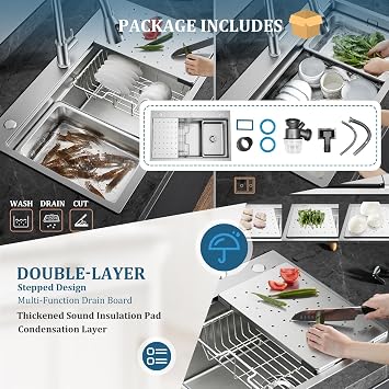 Handmade 304 Stainless Steel Silver Kitchen Multifunction Sink, Large Single Bowl Kitchen Sink, Flushmount Or Topmount Installation with Removable Basin(80x50x21.5cm)