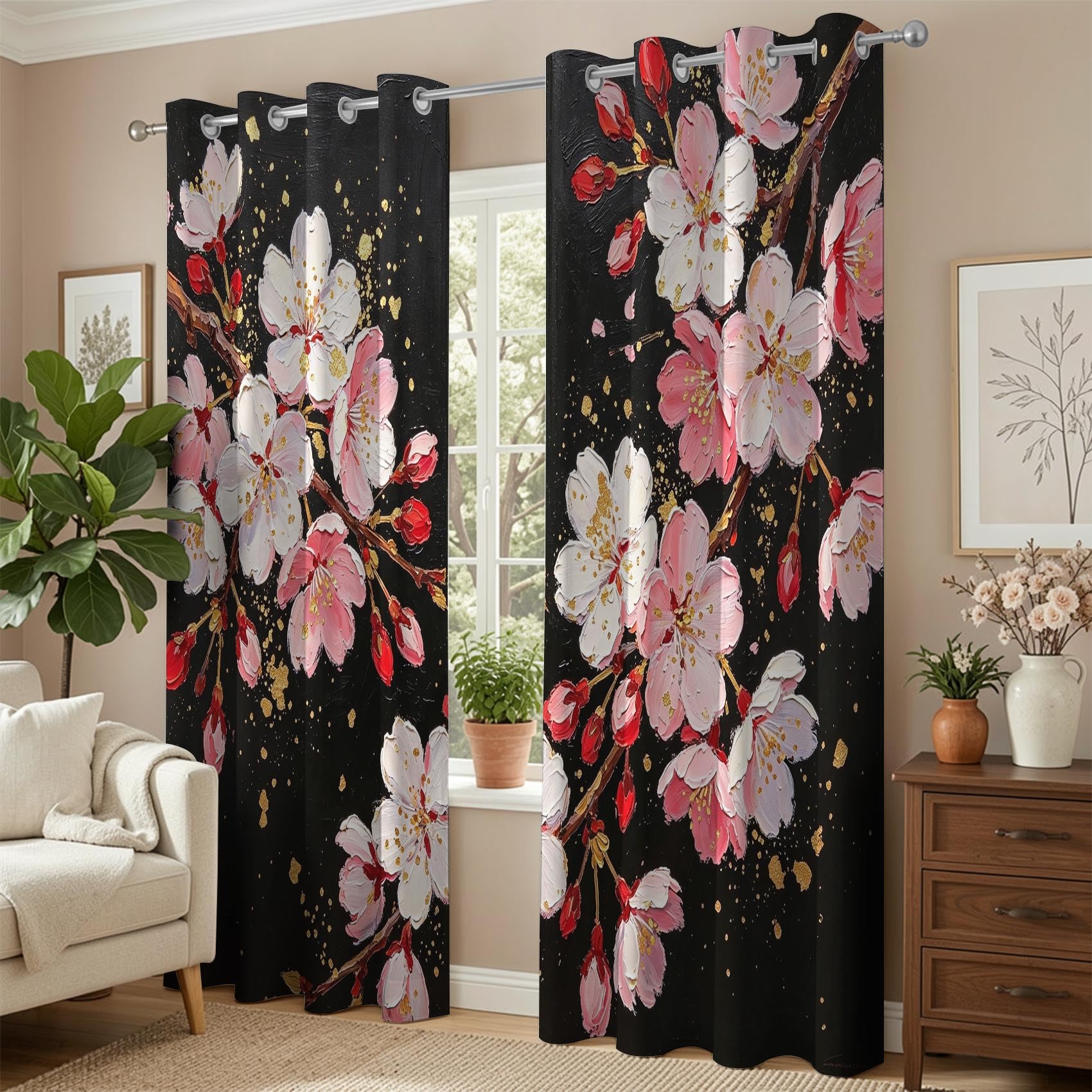 Kirschblüten Vorhänge Blickdicht mit Ösen H 200 x B 100 cm 2er Set