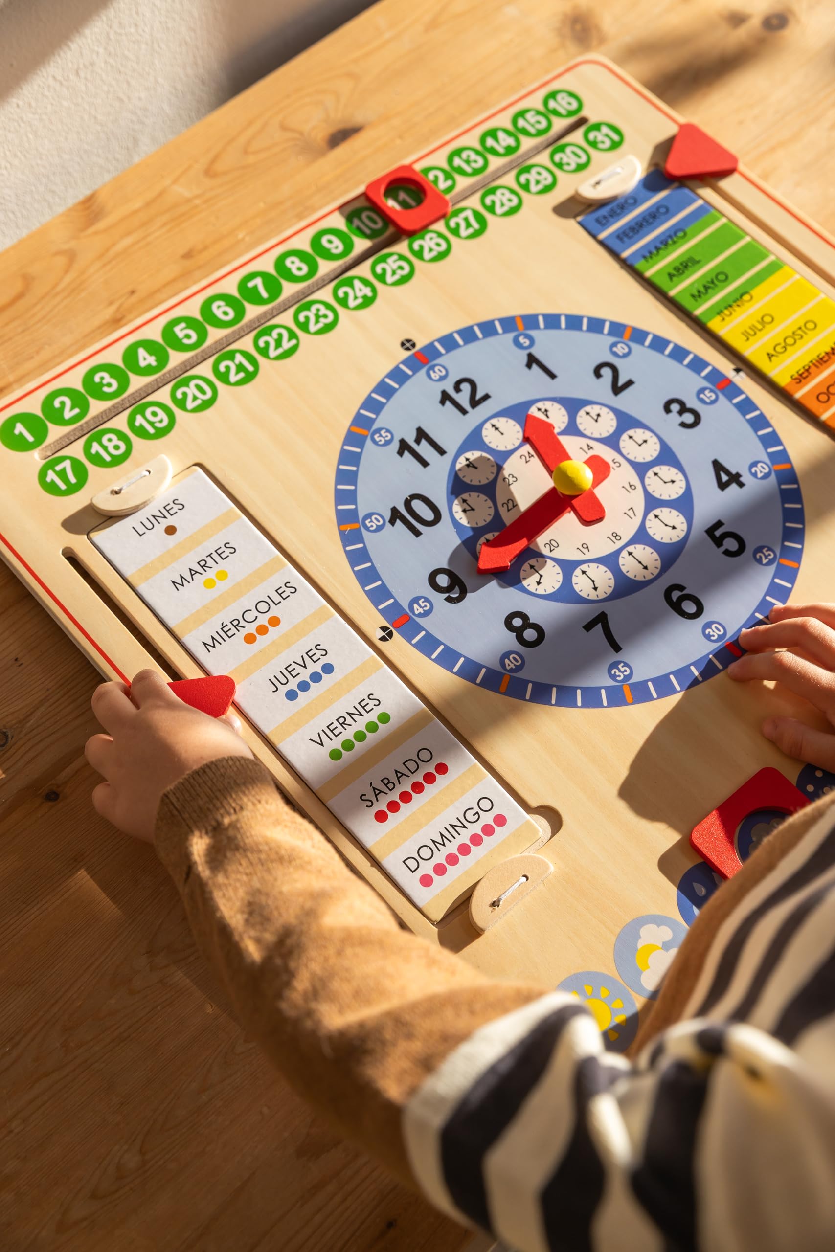 Goula Calendario Reloj – Reloj Calendario de Madera – Juguete Educativo para Que los Niños Aprendan la Hora, la Fecha, los Días de la Semana y Las Estaciones – Versión para Pared o Mesa