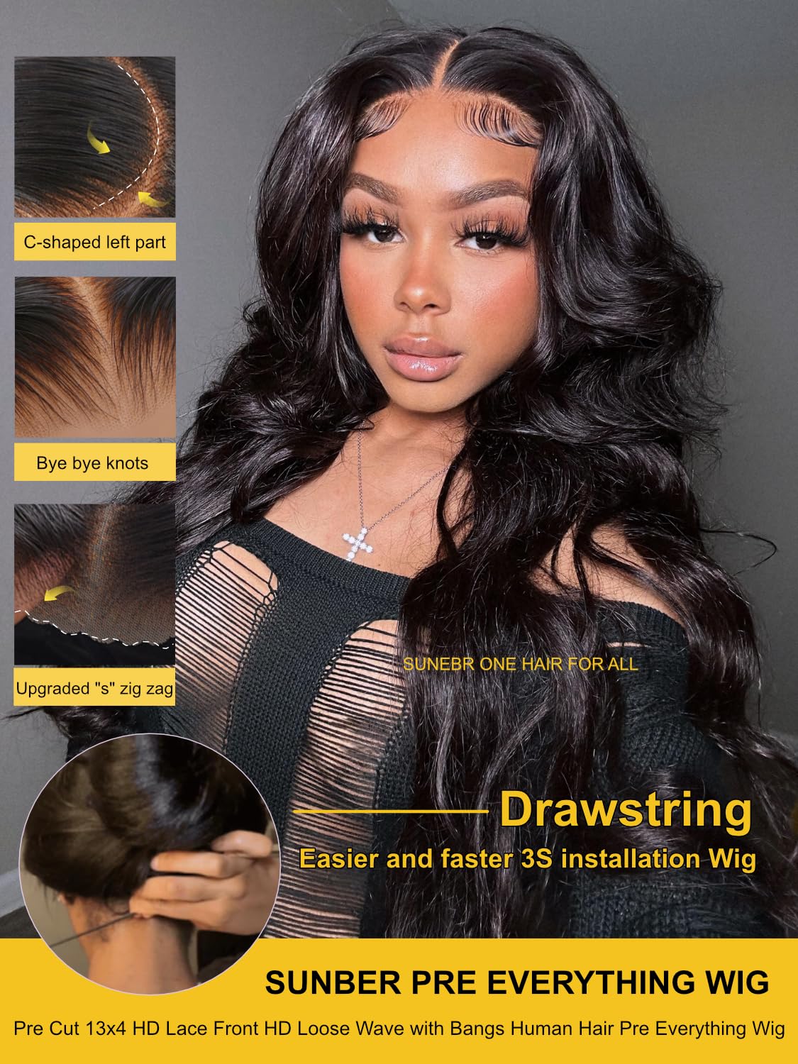 Sunber 13x4 Pre-Everything Wig With Loose Wave Face-Framing Layers And Side-Swept Bangs With Drawstring 180% Density 16Inch