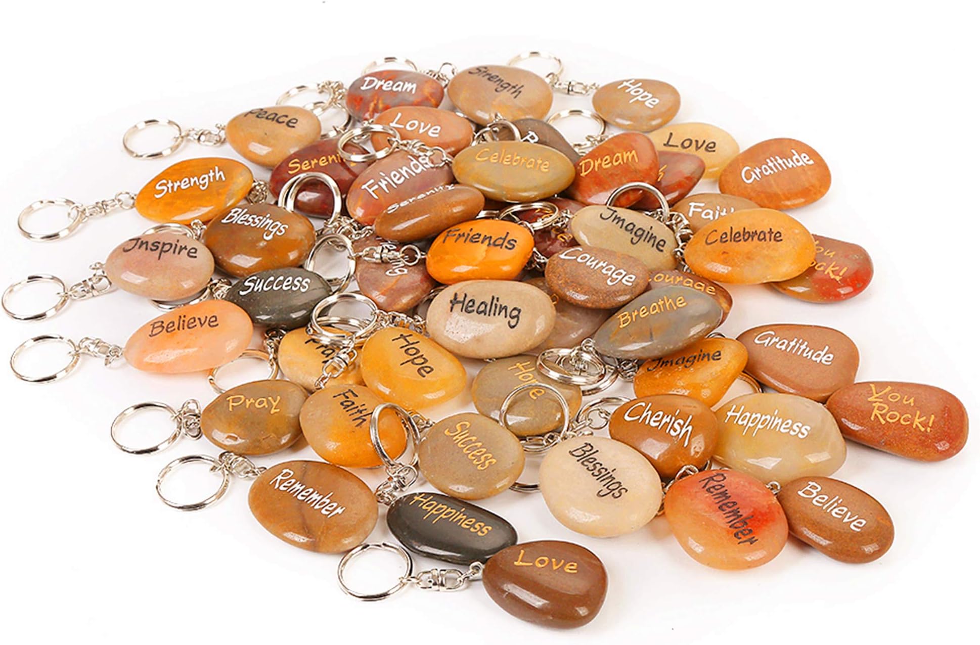 RockImpact 50PCS Inspirational Stones Key Chains, Wholesale Lot, Engraved Natural River Rock Key Rings, Healing Stone Keychain Bulk, Different Words Assorted Sayings (50 Pieces)