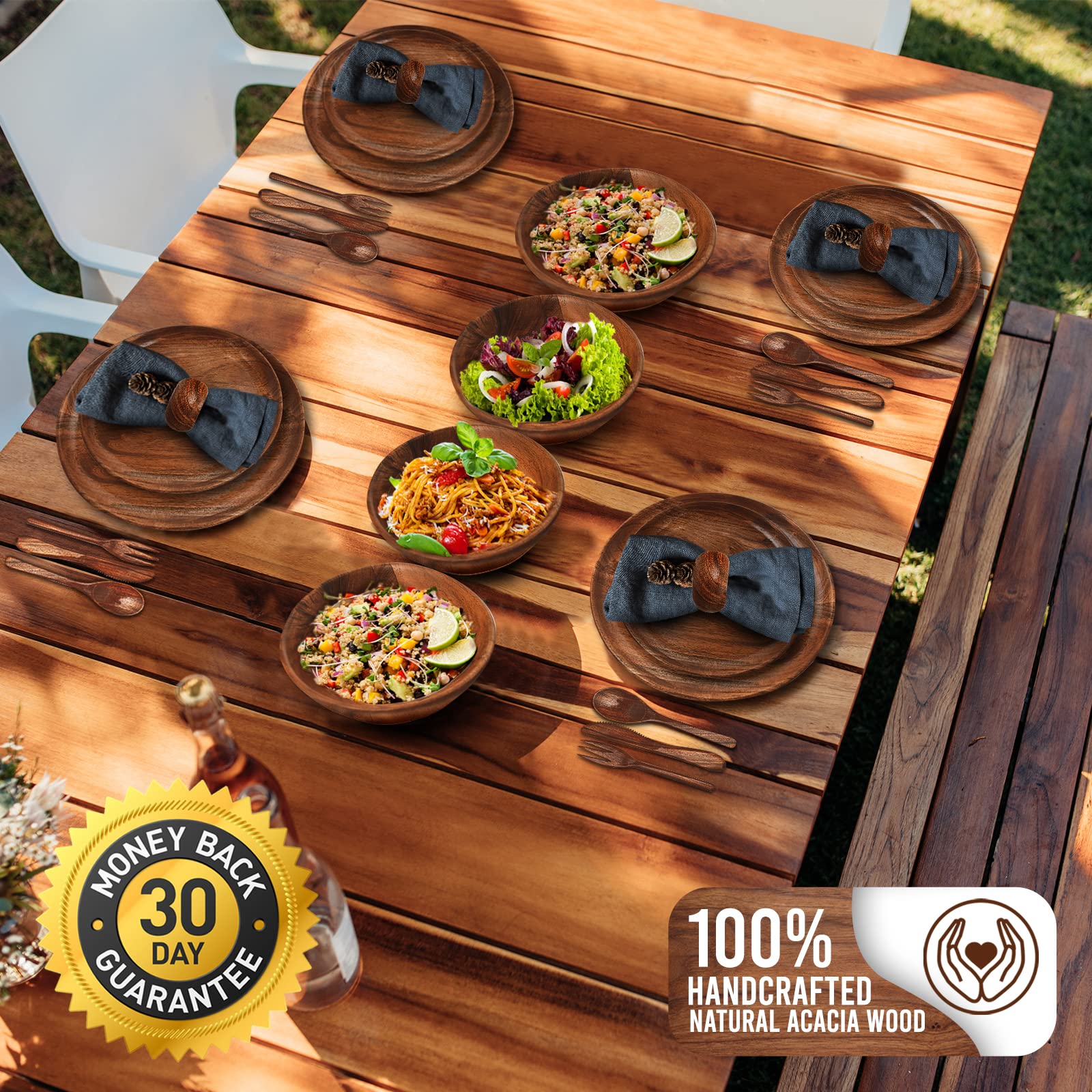Wood & Sons 皿10枚セット Premium Acacia Wood Dinnerware Set By Chef's Unique 100% Natural