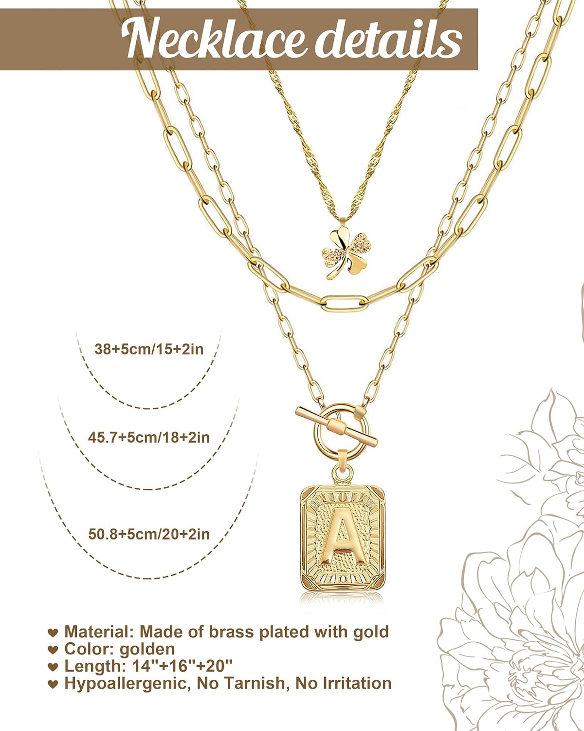 MJartoria Layered Clover Necklaces for Women Trendy, 14K Gold Plated Simple Initial Necklace Square Letter Pendant, Paperclip Chain, Gold Necklace Jewelry Gifts - Image 5