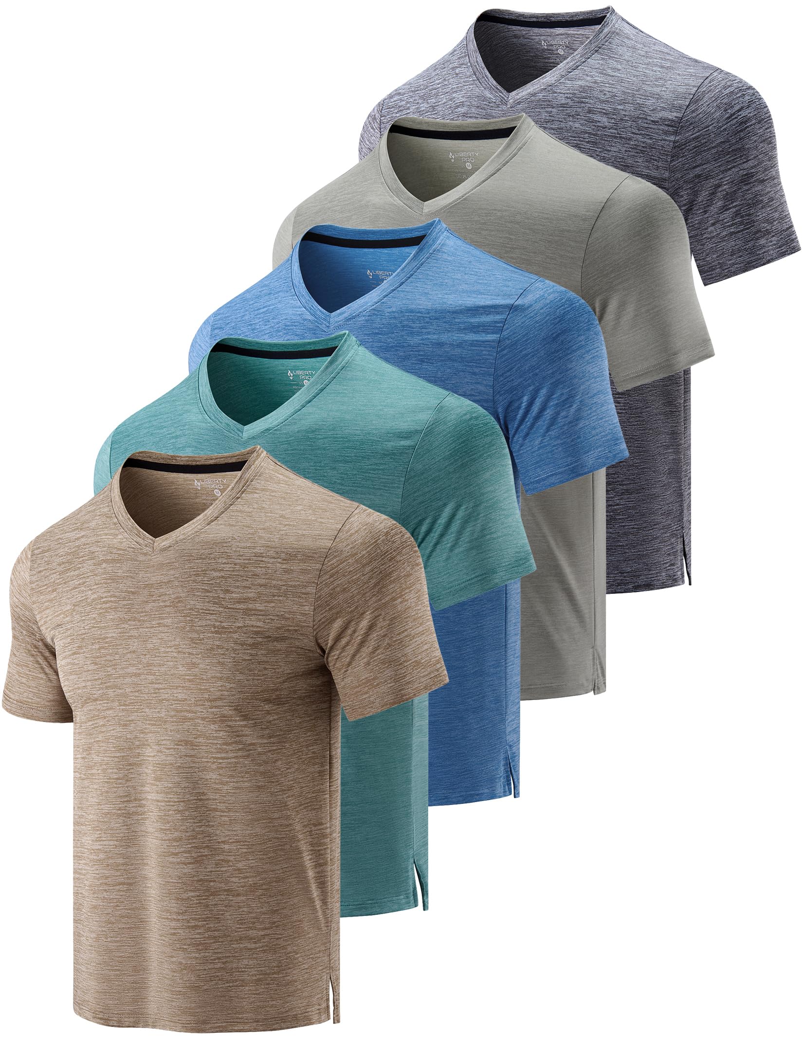 5 Pack Mens V-Neck Dry Fit T-Shirts, Active Athletic Short Sleeve Workout Tops, Performance Gym Tees (Available in Plus Size), Earth Tones, Large