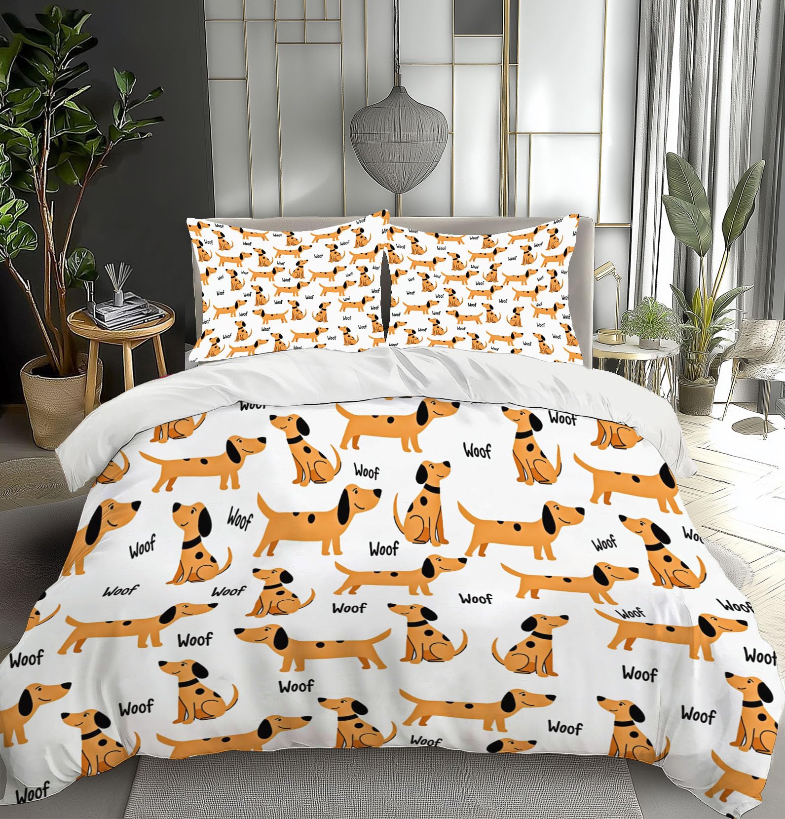 Housse de couette 200x200 imprimé chiot avec parure de lit microfibre 3 pièces réversible