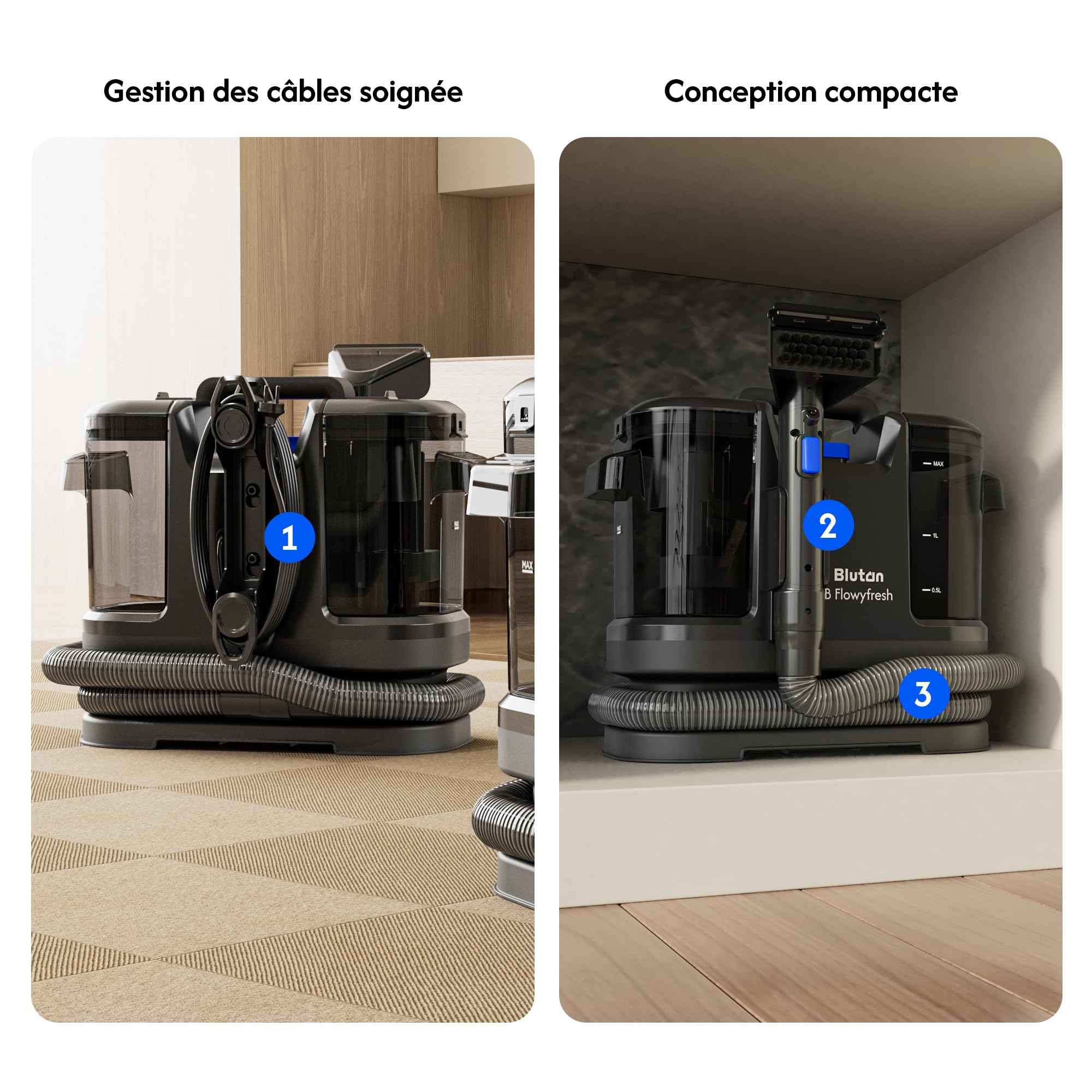 B Flowyfresh Waschsauger, Polsterreiniger-Gerät für Sofa,Teppich,Polstermöbel,Fenster,Auto. Nass-Trockensauger,13 kPa, schnelltrocknend, viel Zubehör, 1,8 l + 0,8 l Wassertank, selbstreinigend