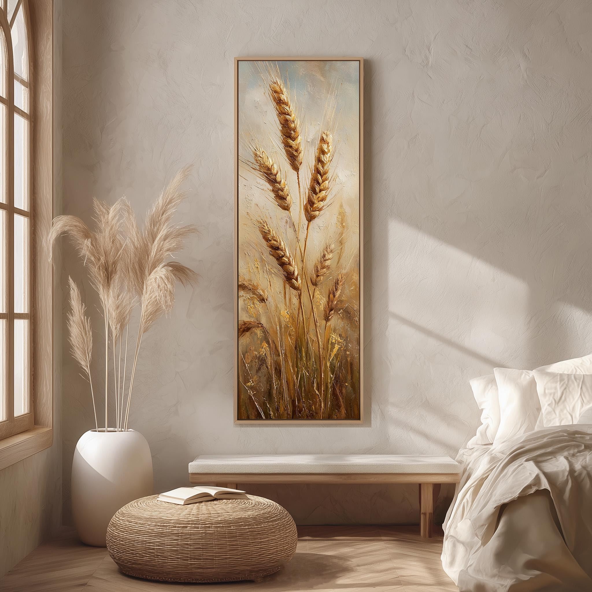 Stampa artistica di spighe di grano dorate, tela verticale alta, dipinto di grano mietuto, decorazione neutra in stile rustico, decorazione per la parete della cucina (45x135 cm/cornice interna)