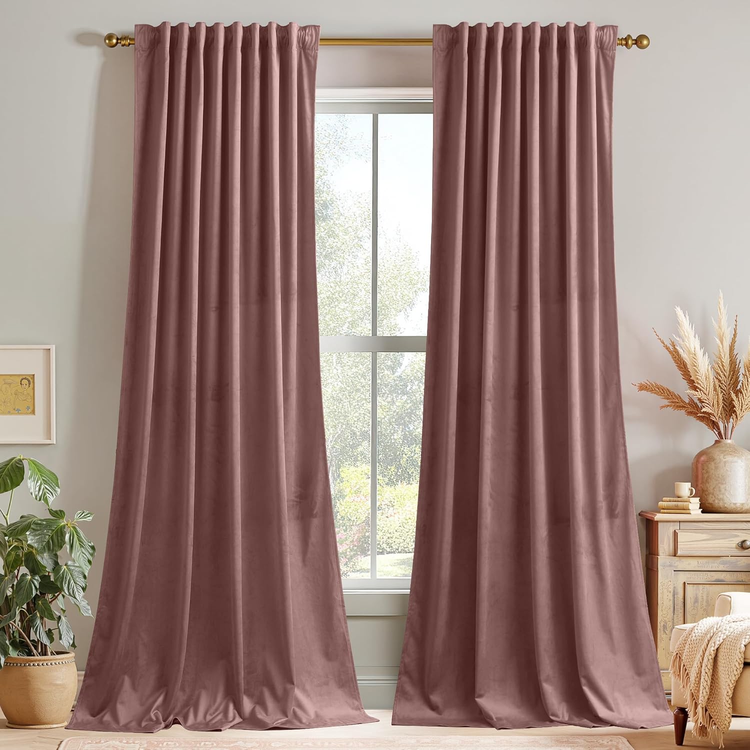 StangH Wild Rose Bedroom Curtains 105 inches Long Soft Velvet Thermal Insulated Light Reducing Window Drapes for Living Room Heavy Thick Privacy Panels, W52 x L105, 2 Panels 52"W x 105"L (Pack of 2) Pink Series - Wild Rose