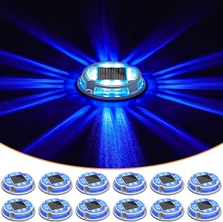 VOLISUN 16 Pack Solar Driveway Deck Lights - IP67 Waterproof 2-in-1 White/Blue, Cast Aluminum Pathway Dock Markers Auto On/Off