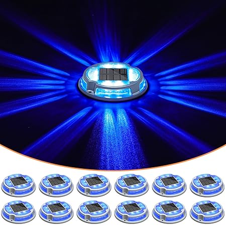VOLISUN Solar Driveway Lights Deck Lights Dock Marine Lights,12 Pack Solar Ground Lights 2 Colors in 1 led Deck Light Waterproof,Driveway Marker Light for Pathway Warning Step Wireless (White/Blue)