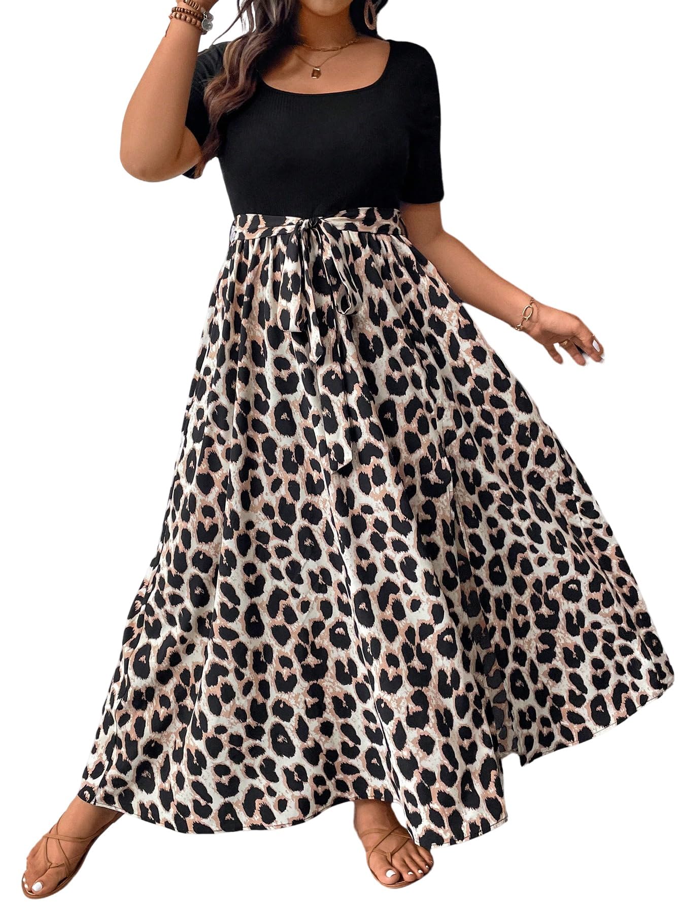 SweatyRocks Abito da donna, taglie grandi, con motivo leopardato, abito lungo estivo, a maniche corte, maxi abito curvy A, linea boho, casual