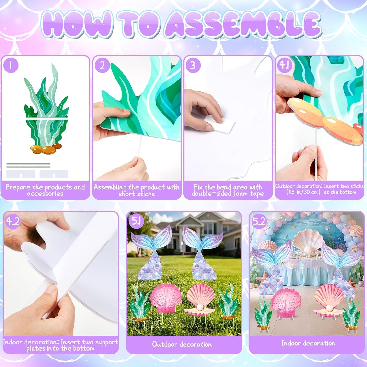 6 Pcs Under The Sea Party Decorations Set Large Mermaid Tail Seaweed Seashell Cardboard Cutouts Ocean Party Backdrop Photo Props for Mermaid Theme Birthday Baby Shower Indoor Outdoor Decor