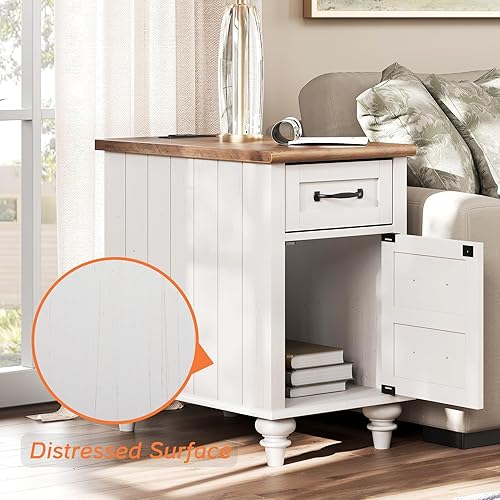 Miniatura 7 de WAMPAT Paquete de 2 mesas auxiliares de granja con estación de carga, mesa auxiliar blanca con cajón y armario de almacenamiento, mesita de noche