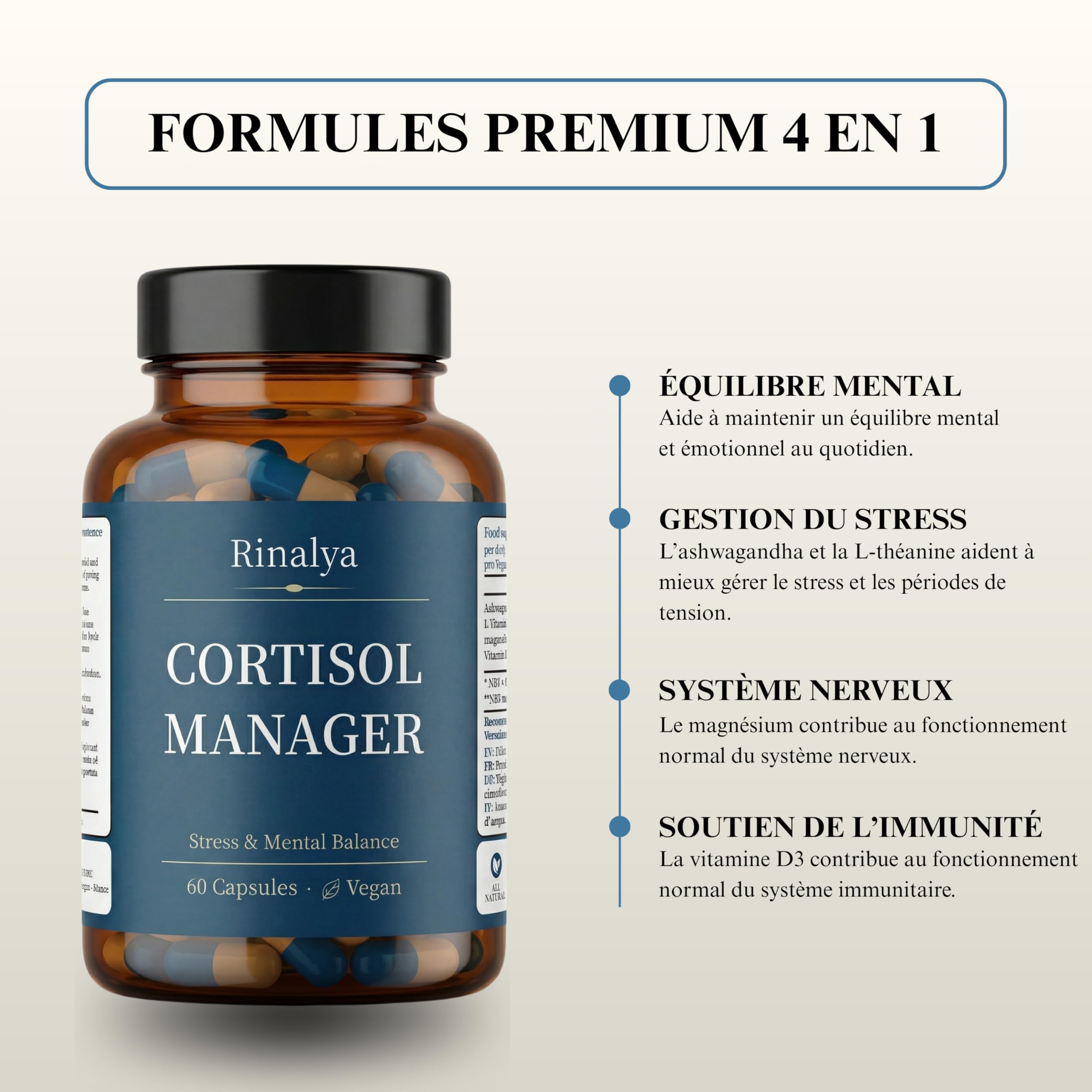 Cortisol Manager – Anti-Stress & Équilibre Mental – Ashwagandha 5% Withanolides, L-Théanine, Magnésium Bisglycinate & Vitamine D3 – Sommeil & Fatigue – 60 Gélules Végan – Cure 1 Mois