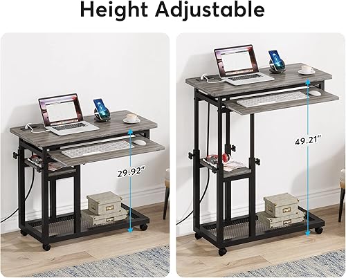 Miniatura 6 de Tribesigns Pequeño escritorio portátil con toma de corriente, sofá de altura ajustable, mesita de noche para laptop con ruedas, escritorio móvil de