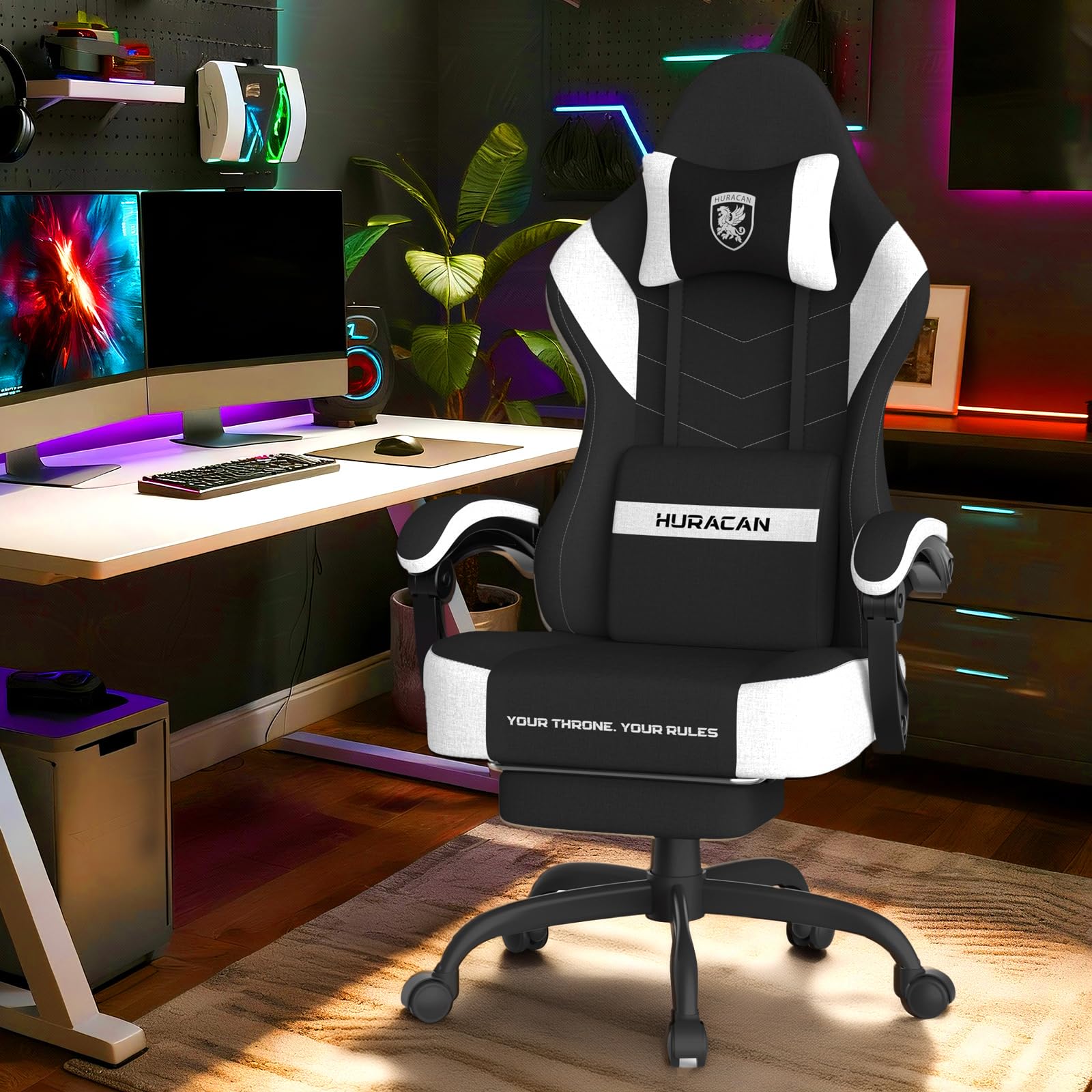 Verdego Silla Gaming, Silla Gamer Ergonómica con Masajeador CojÃn Lumbar, Reposapiés Retractable y Reposacabezas, Tela de Poliéster, Reclinable 90-135°, Altura Regulable, Sillas Gaming, Negro