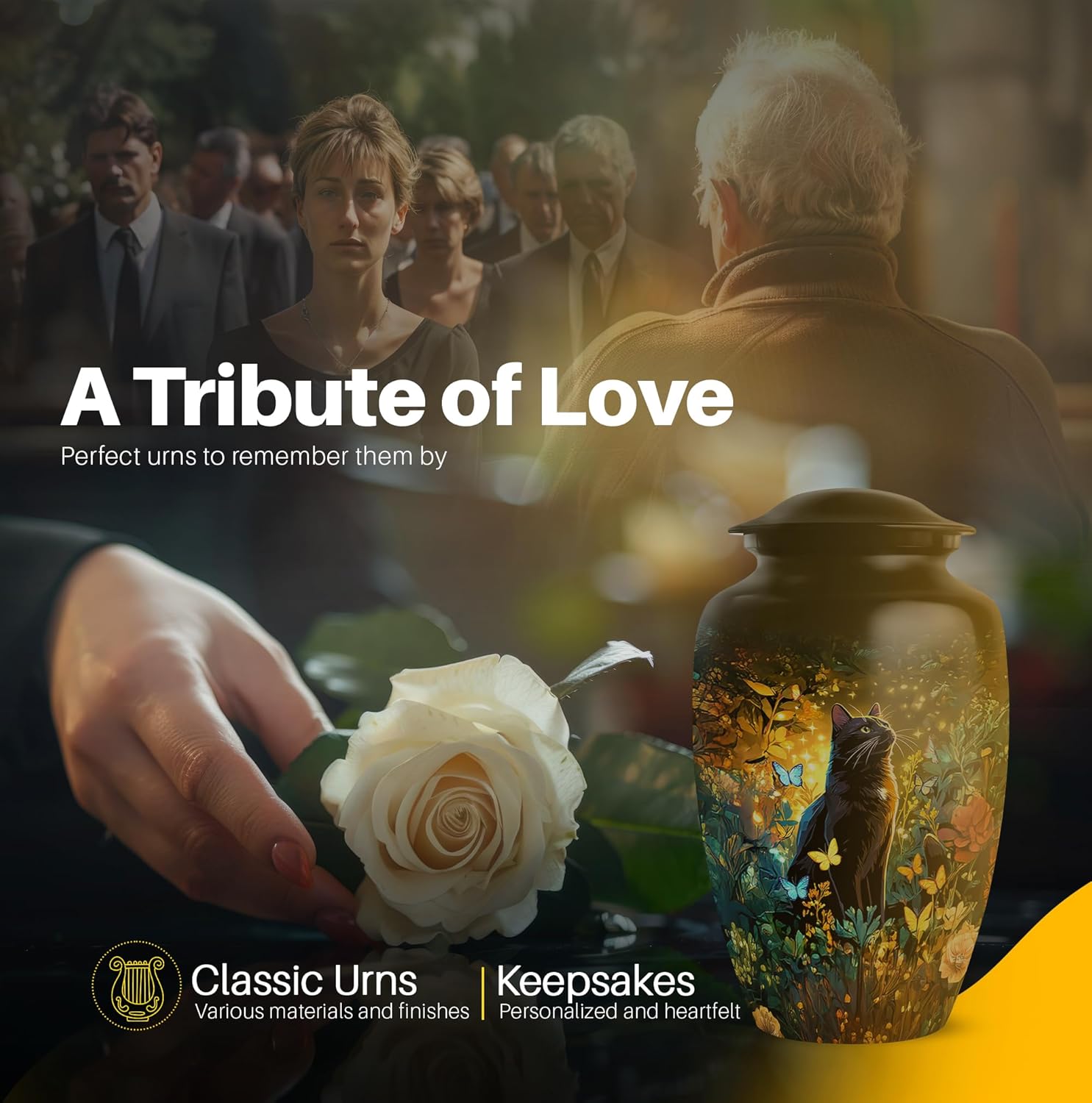 Yatskia Black Cat with Flowers Decorative Cremation Urns for Human Ashes Adult Mom and Dad, Large Funeral Urn for Ashes Adult Men, (Classic Large, 10 Inch)