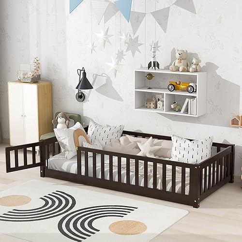 Marco de cama Montessori de madera de tamaño individual con listones de madera, valla y puerta para niños, niñas y niños, espresso (con listones de