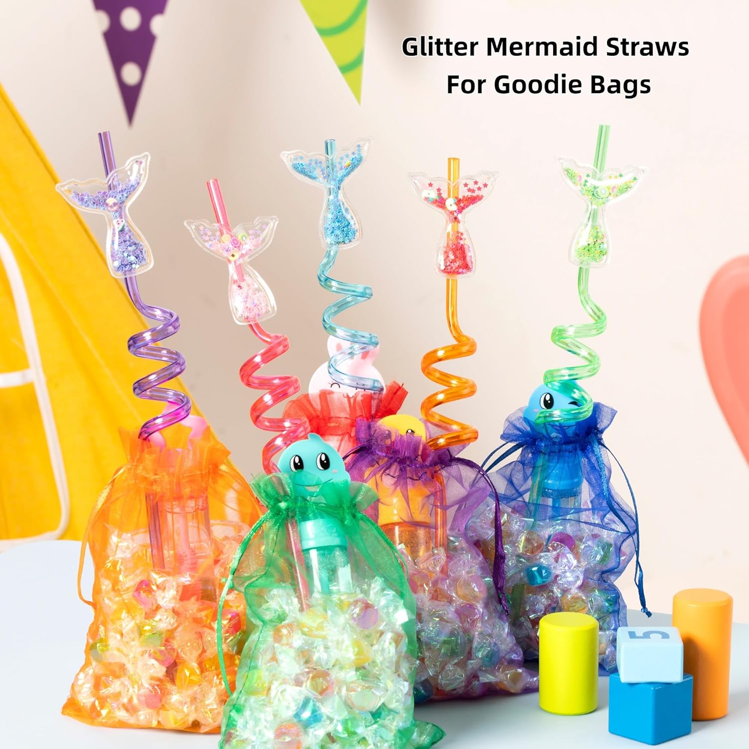 Snowfall 12 Pcs Glitter Mermaid Straws, Princess Theme Crazy Silly Straw for Birthday Party Favors Supplies, Reusable Plastic Drinking Straws for Boys Girls Party Decorations Gift(Mermaid) - Image 6