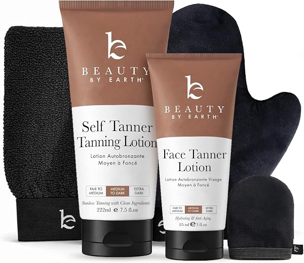 Tanning Lotion Self Tanner Kit - USA Made with Organic & Natural Ingredients, Self Tanning Lotion Face Tanner & Application Kit, Non Toxic Gradual Tan, Sunless Tan for Women & Men