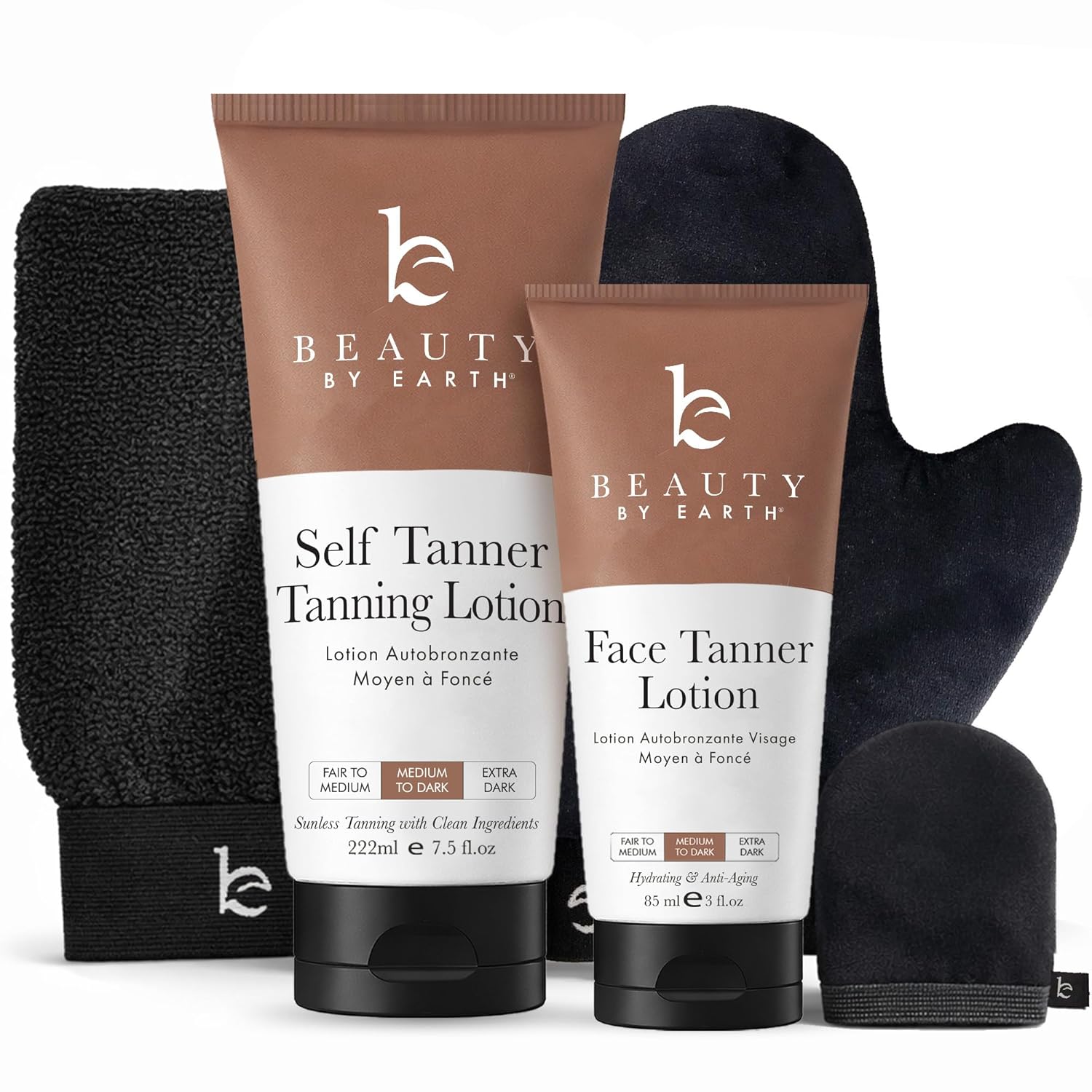 Tanning Lotion Self Tanner Kit - USA Made with Organic & Natural Ingredients, Self Tanning Lotion Face Tanner & Application Kit, Non Toxic Gradual Tan, Sunless Tan for Women & Men