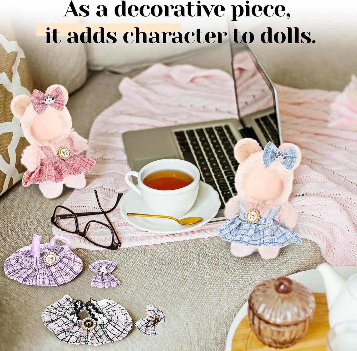 Simgoing 4 Pack 17cm Doll Clothes Set Nurses' Day Gift Black & Pink & Blue & Purple Stylish Plaid Tweed Dress and Bow Outfit for 17cm Doll Dress up Adorable Kawaii Clothes Accessories