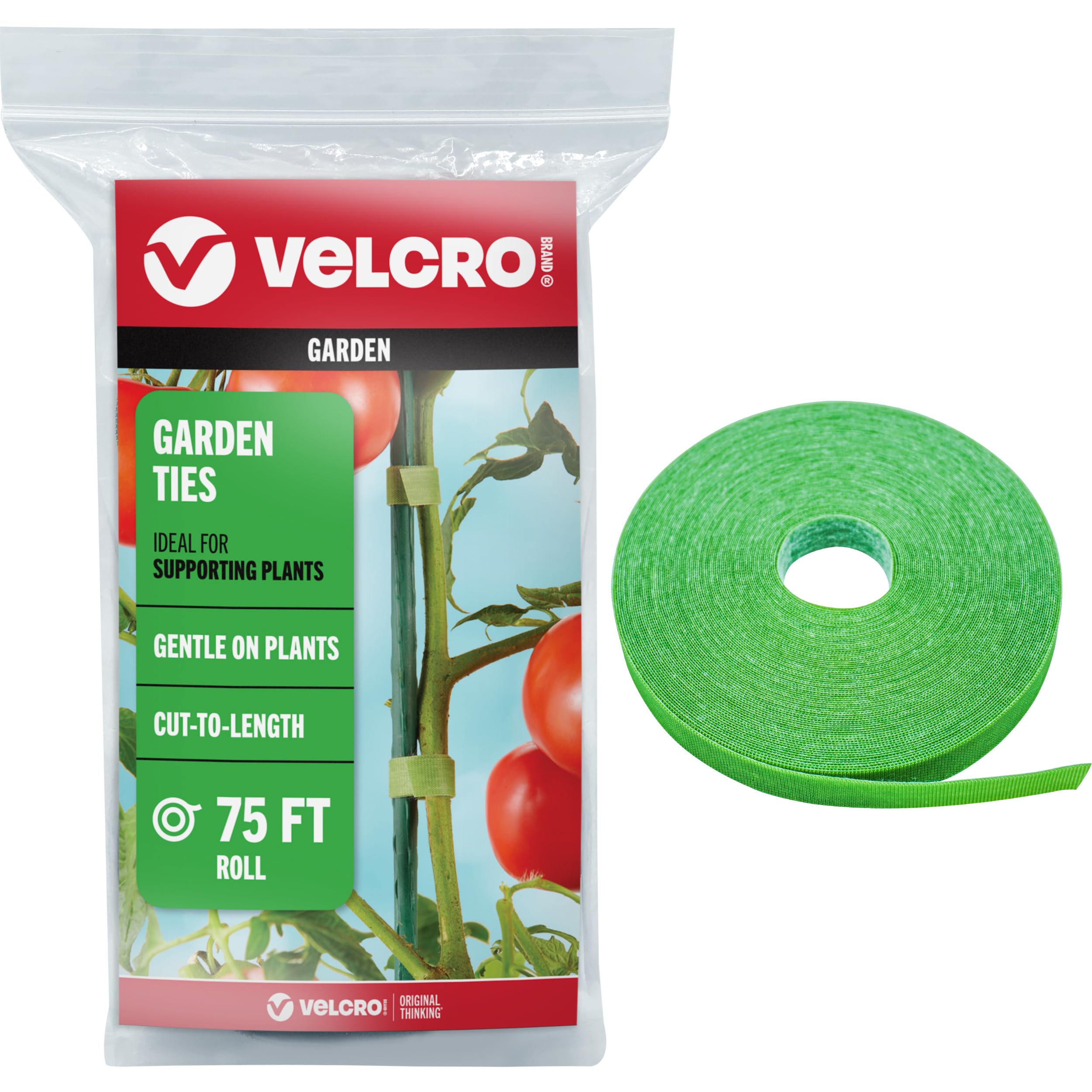 VELCRO Brand Adjustable Plant Ties, Green Garden Tape, 75 ft x 1/2 in