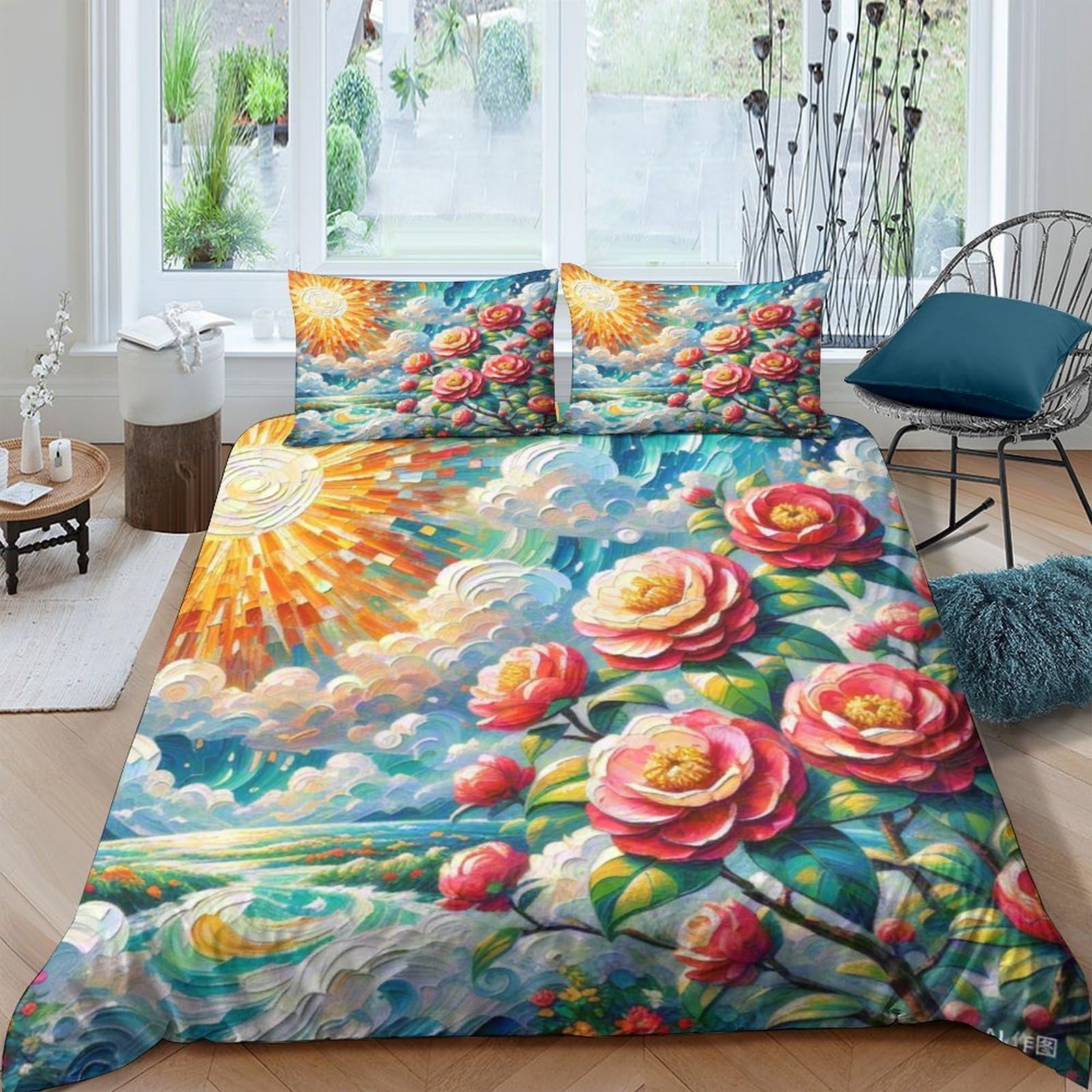 Housse de couette microfibre douce motif camélia 3D 220x240cm avec fermeture éclair cachée