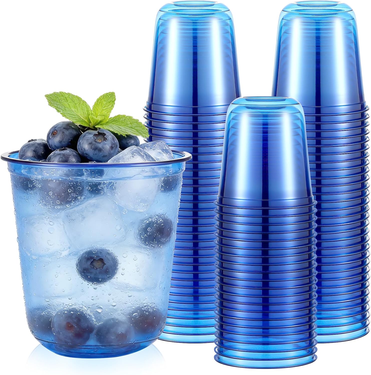 Disposable Stemless Glasses 12oz Crystal Plastic Wine Glasses Clear Classic Pet Cup for Meeting Weddings Birthdays Cocktail Christmas Party Supplies(Blue,50 Pcs)