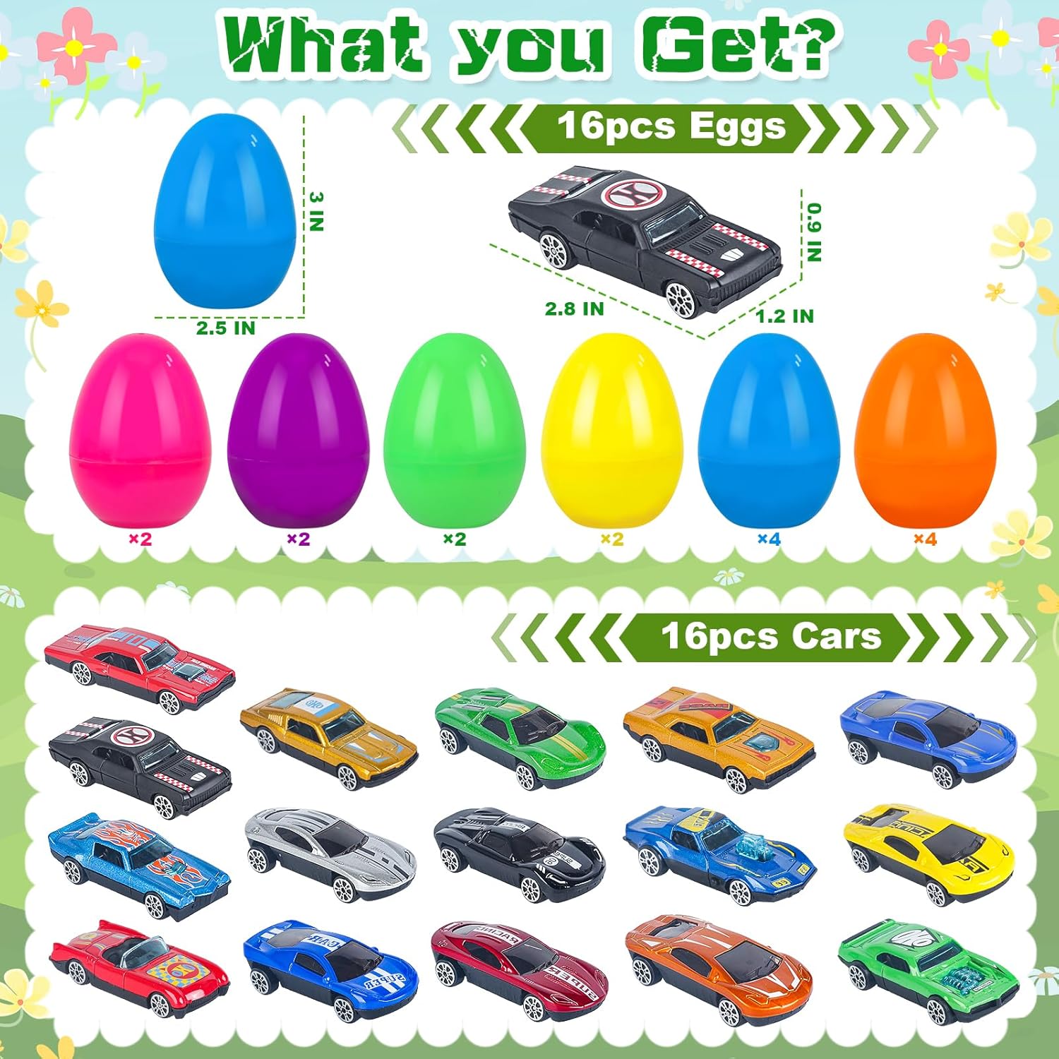 NEUBSAW 16 Packs Easter Eggs with Die-cast Cars for Boys, Prefilled Easter Eggs for Kids Toddlers Easter Basket Stuffers, E aster Party Favor Supplies for Egg Hunt