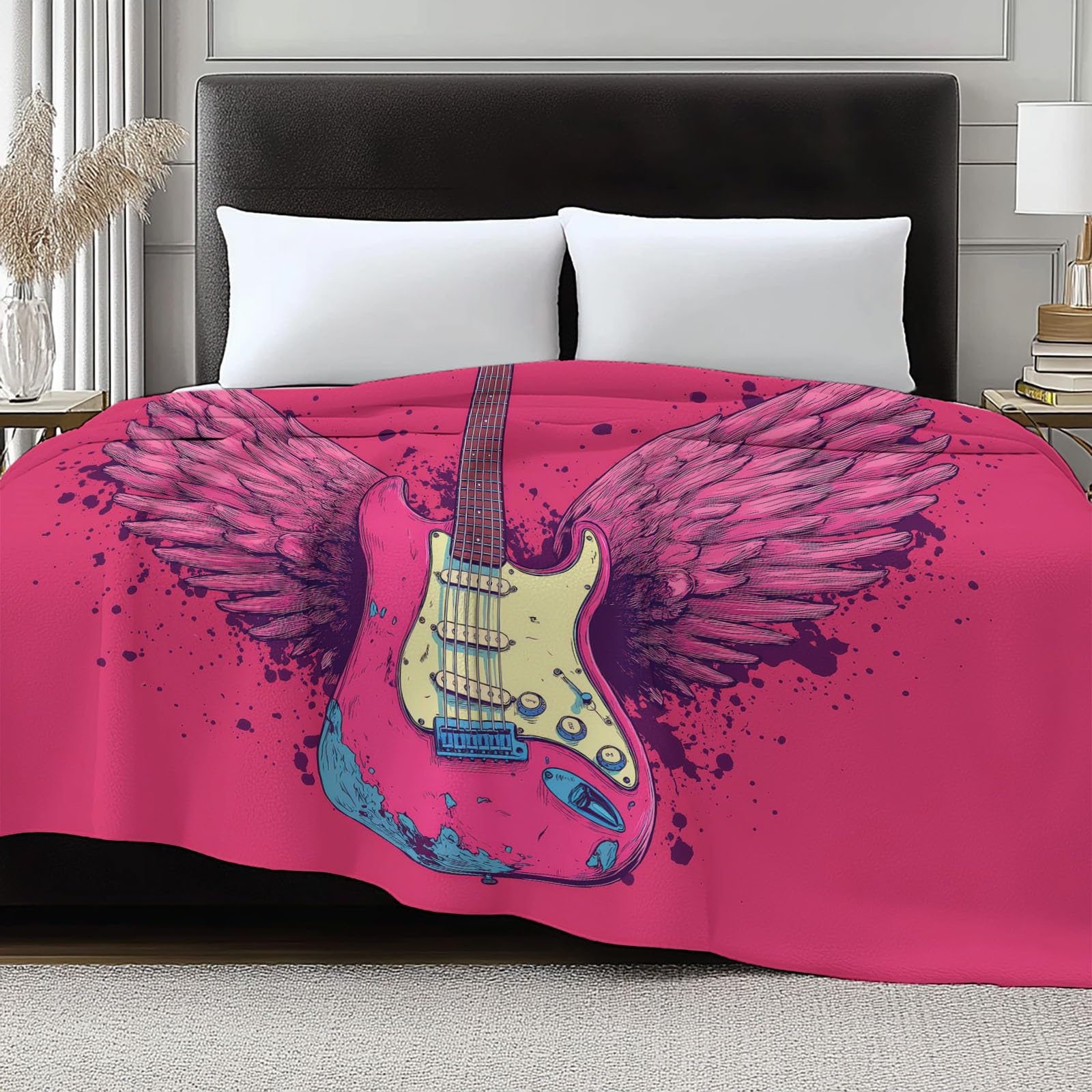 Generico Kreskówka Skrzydlata Gitara Koc Polar 150 x 200 cm Flanelowe Koce Pojedyncze Ciepłe, Różowe Koce W Kratę Polar Sherpa Łóżko Sofa Koc Zimowy