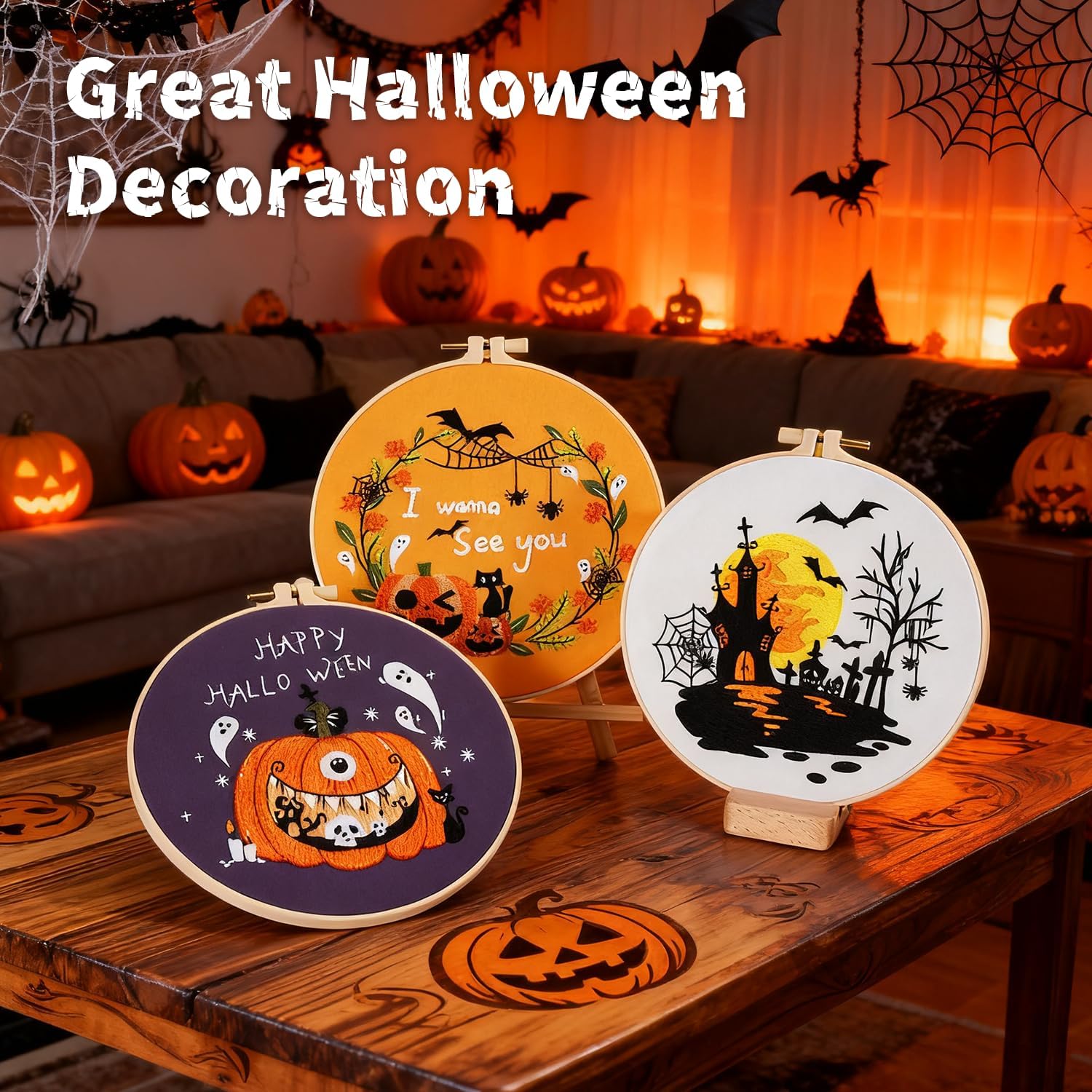 Halloween Embroidery Kit, Pumpkin Cross Stitch Kits, 4 Set Craft Kits for Beginners with Pre-Printed Embroidery Fabric, Hoops, Step-by-Step Instructions, Color Threads & Needles (Halloween-4 Set)