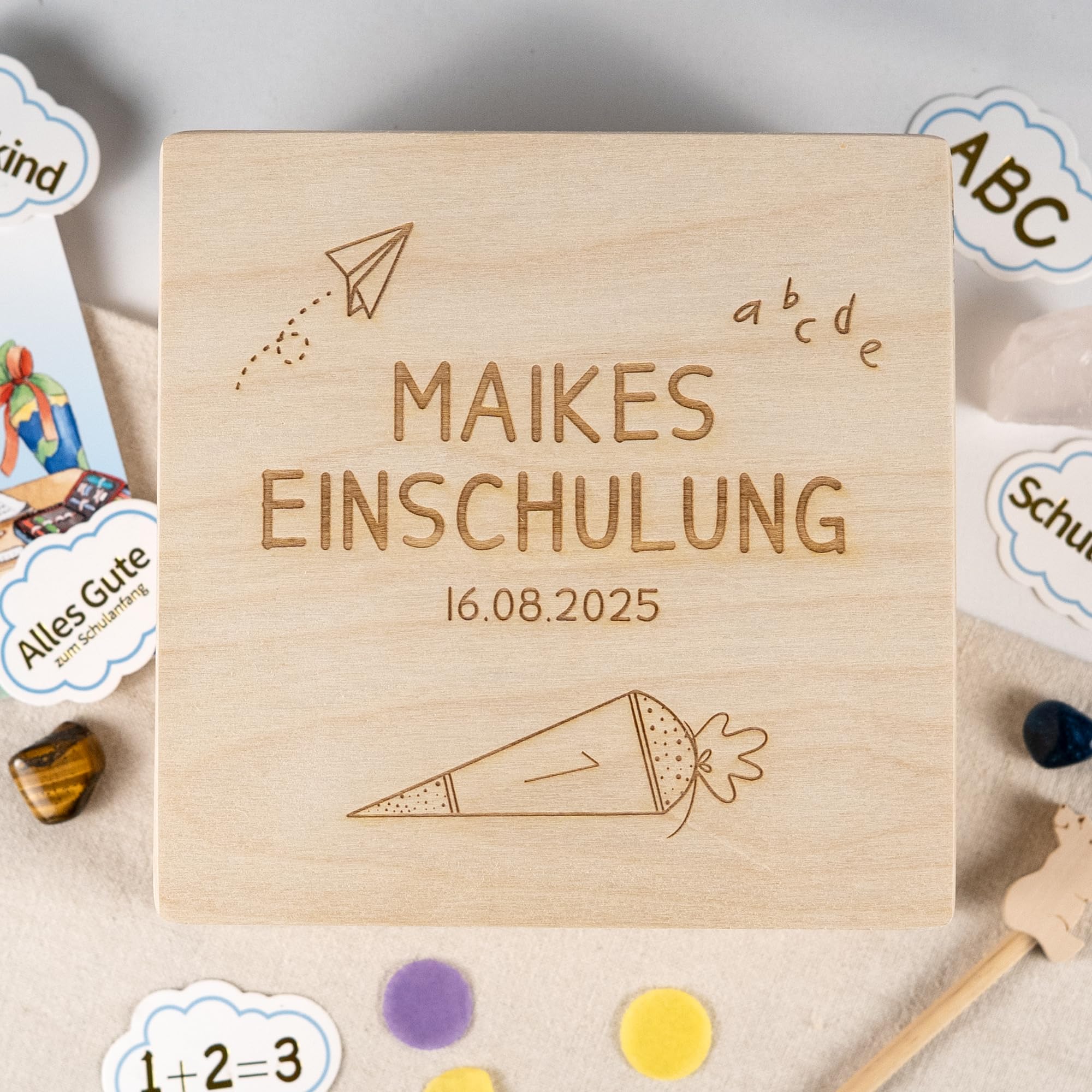 HOFMEISTER® Scatola dei ricordi personalizzata con simboli scolastici, regalo per l'inizio della scuola e l'inizio della scuola, per bambini, scatola dei ricordi sostenibile in legno di betulla e