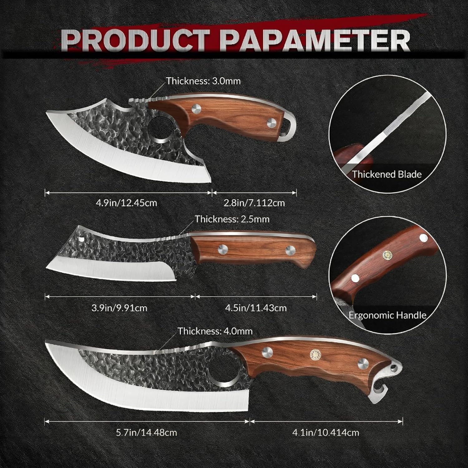 MDHAND Butcher Knife Set, 3PCS High Carbon Steel Viking Knife with Leather Sheaths, Hand Forged Hunting Knife Set for Outdoor Camping & BBQ, Meat Cutting Tools, Gifts for Men Women