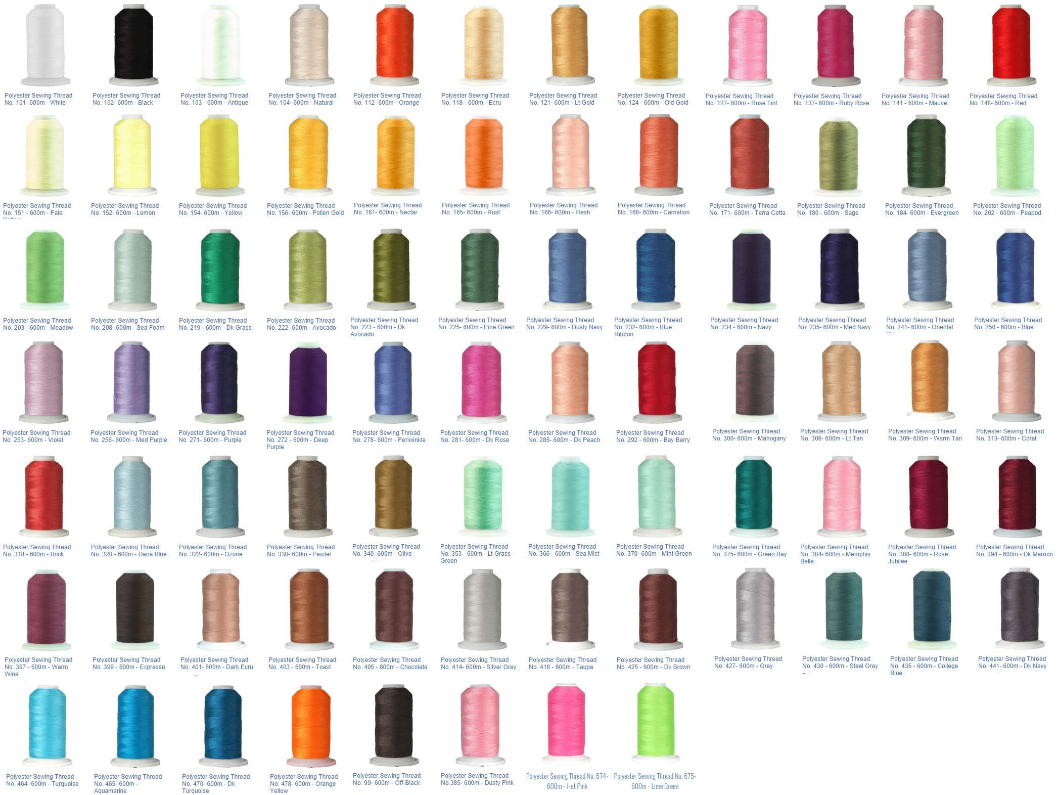Threadart Polyester-Allzweck-Nähgarn, 60 Kegel, Set mit 600 m Kegeln, stark fusselfrei, gesponnenes Polyester, Gewicht 50S/3, Regenbogenfarben