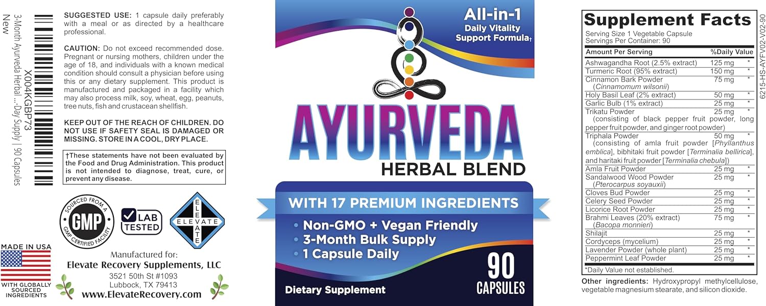 Ayurveda Herbs 17-in-1 Supplement (3-Month Supply) | Mind & Body Balance | Ayurvedic Health Support Blend | Ayurveda Supplements | 90-Day Bulk Supply | 90 Capsules