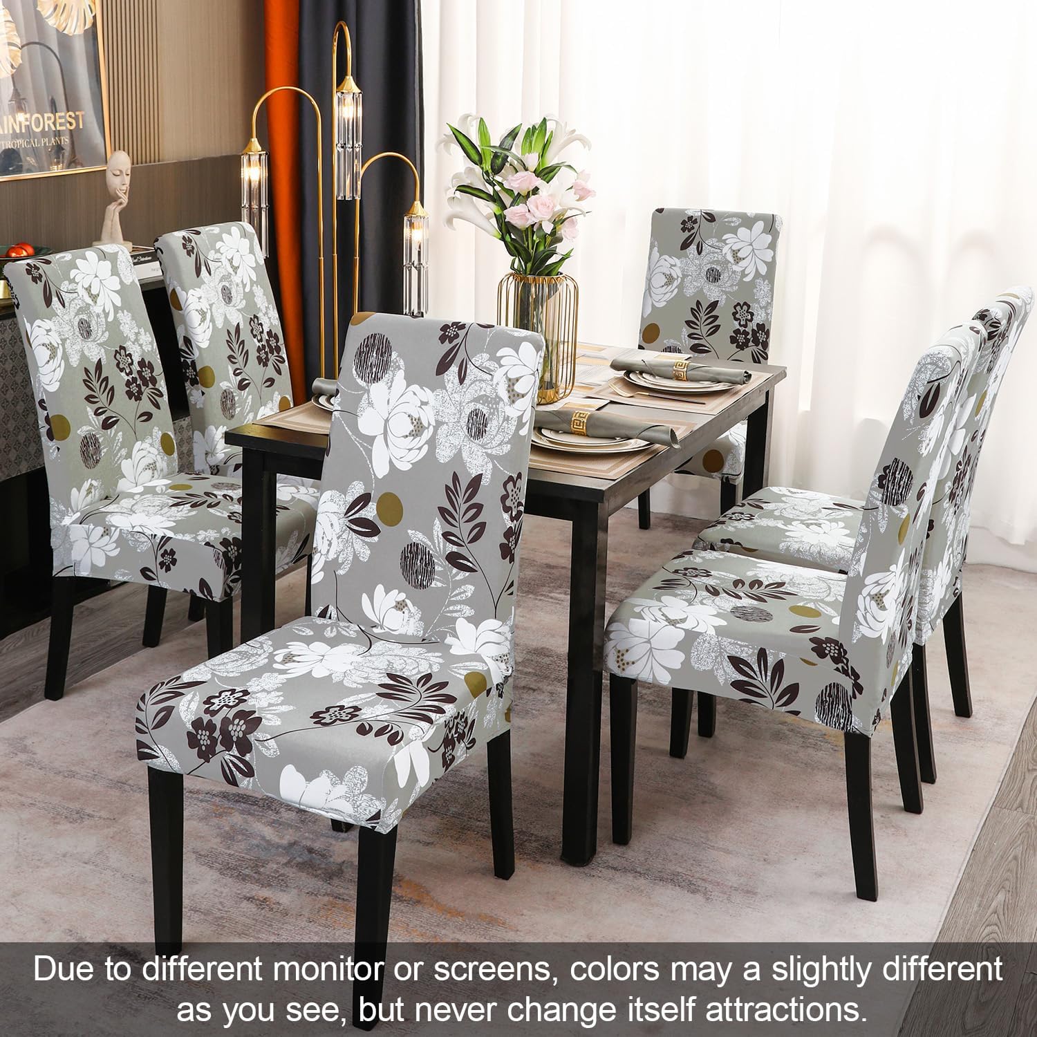 Set of 6 Beige Floral Stretch Dining Chair Covers