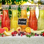 YOUEON 4 Pack 1 Liter Glass Carafe with Lid, Beverage Pitchers Carafes for Mimosa Bar with Bamboo Lids and Chalkboard Tags, Clear Water Juice Carafe, Wide Mouth & Easy to Grip