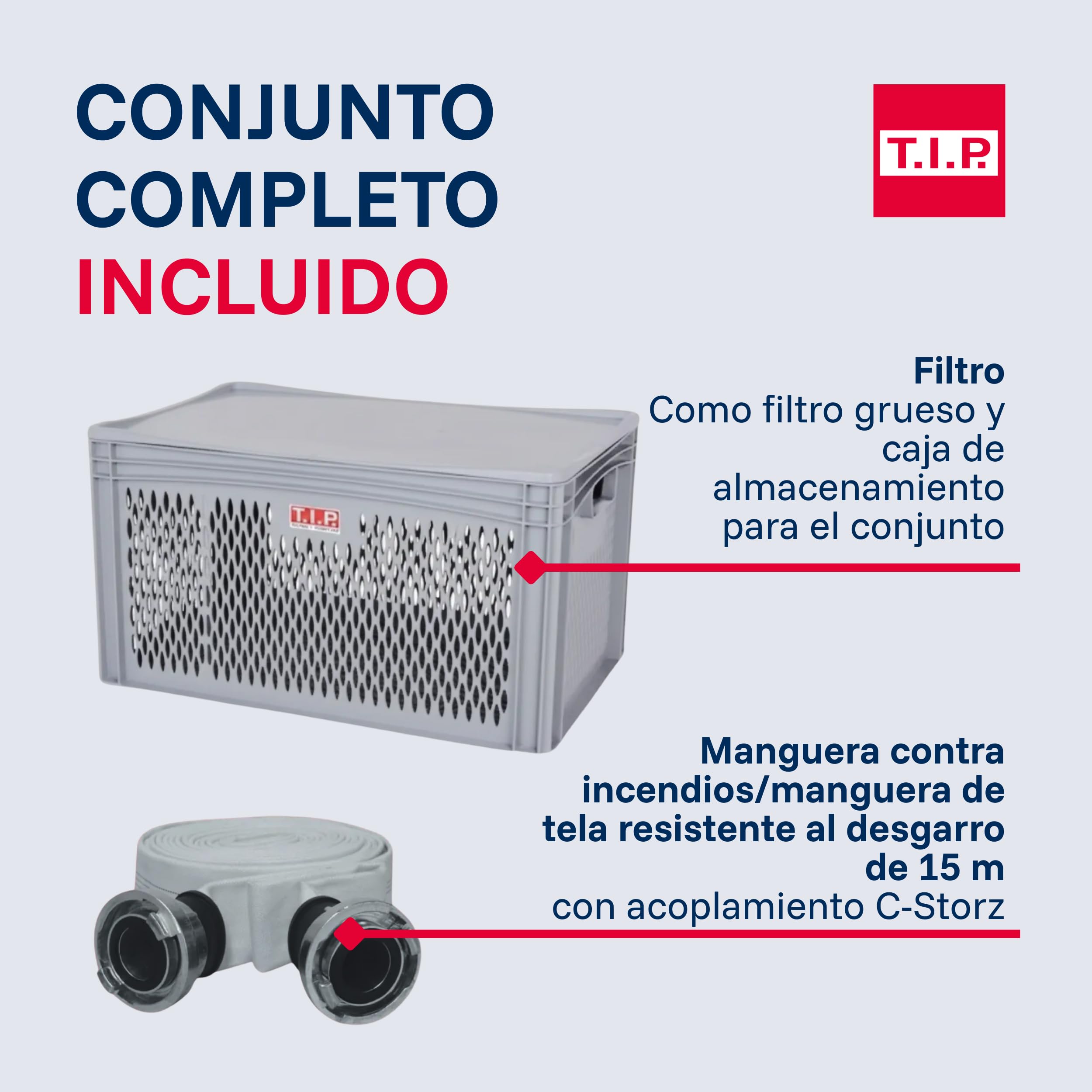 T.I.P. Máxima 350 I-PX DUO 30711 Kit de protección contra inundaciones, con una capacidad de 20 000 l/h, con cesta de filtro y manguera contra incendios, incluye conector C Storz