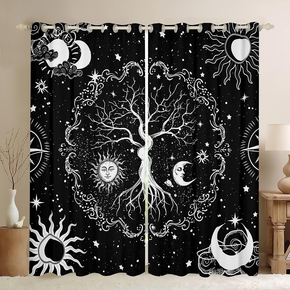 Erosebridal Tree of Life Sun and Moon Blackout Curtains, Starry Night Glitter Stars Window Curtains Geometric Constellations Luxury Living Room Decor for Kids Teens Adults, 104Wx63L โ image 1