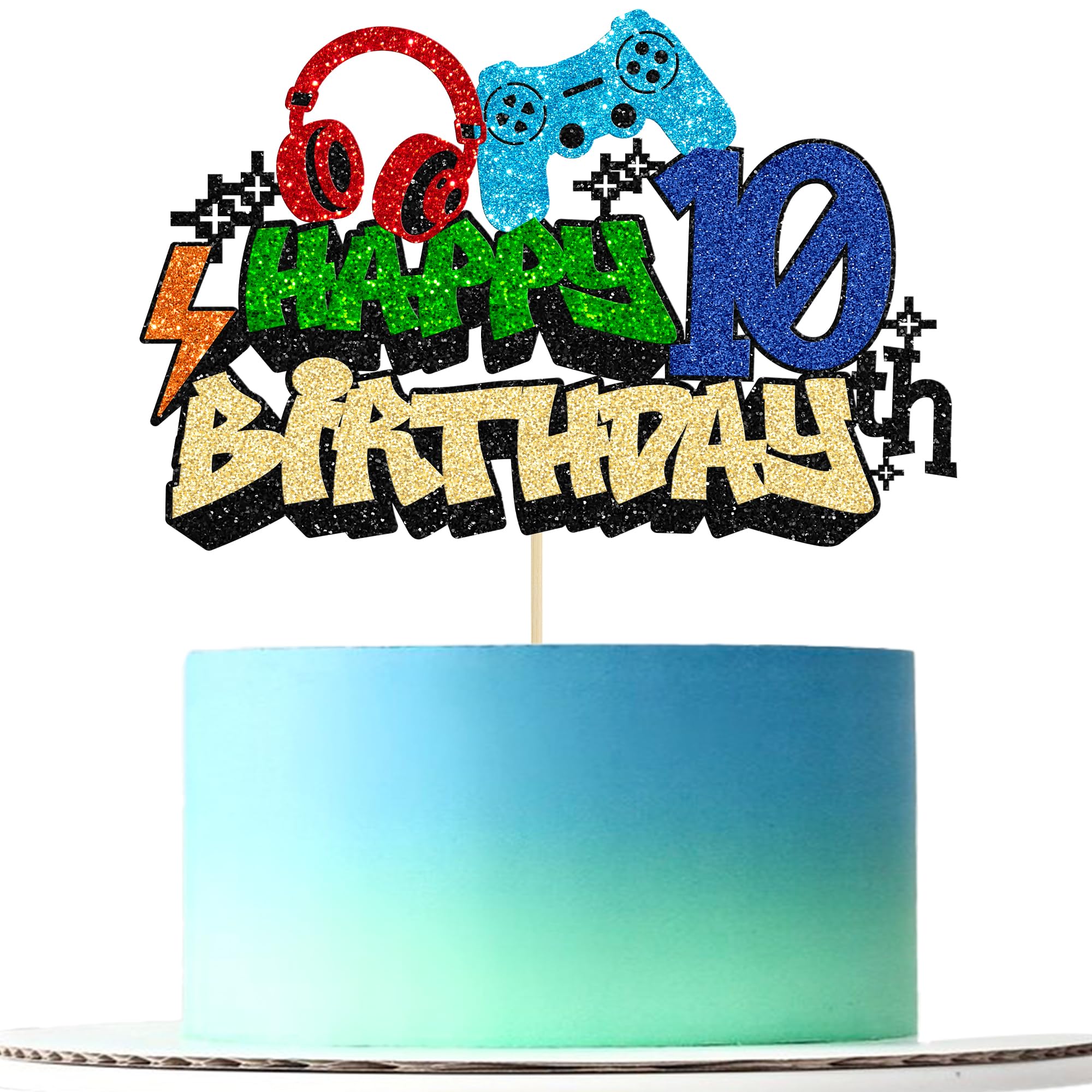 Gyufise 1Pcs Video Game Happy 10th Birthday Cake Topper Glitter Video Game Cake Pick Game On Controllers Tenth Cheers to 10 Years Cake Decoration for