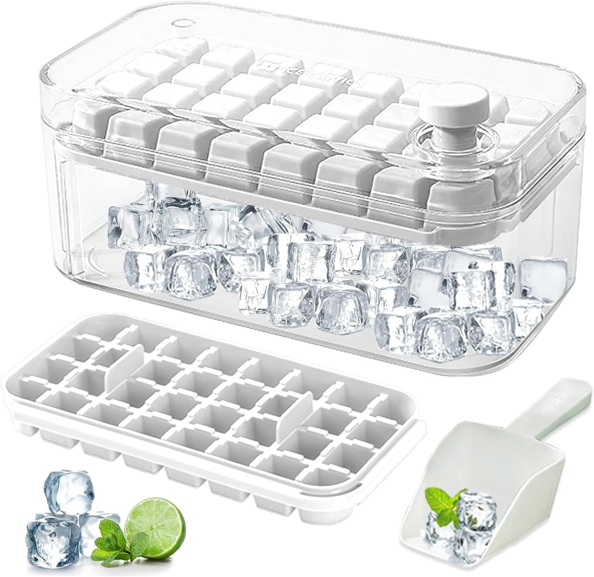 Ice Cube Tray with Lid and Bin, 64 pcs Cubes & 2 Trays Easy Release Ice Mold for Freezer, BPA Free Plastic Molds Making for Whiskey, Cocktail, Drink (White, 2 ice trays-64 ice cubes)