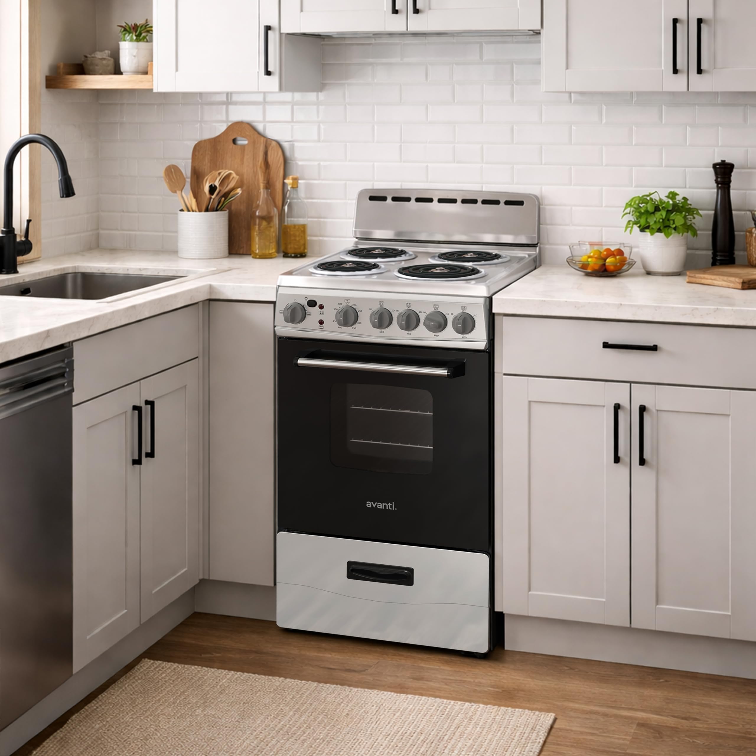avanti electric range oven compact design, 2.1-cu.ft. capacity with 4 coil burners, framed glass oven door, storage drawer and broiler with pan perfect for apartments, 20-inch, stainless steel