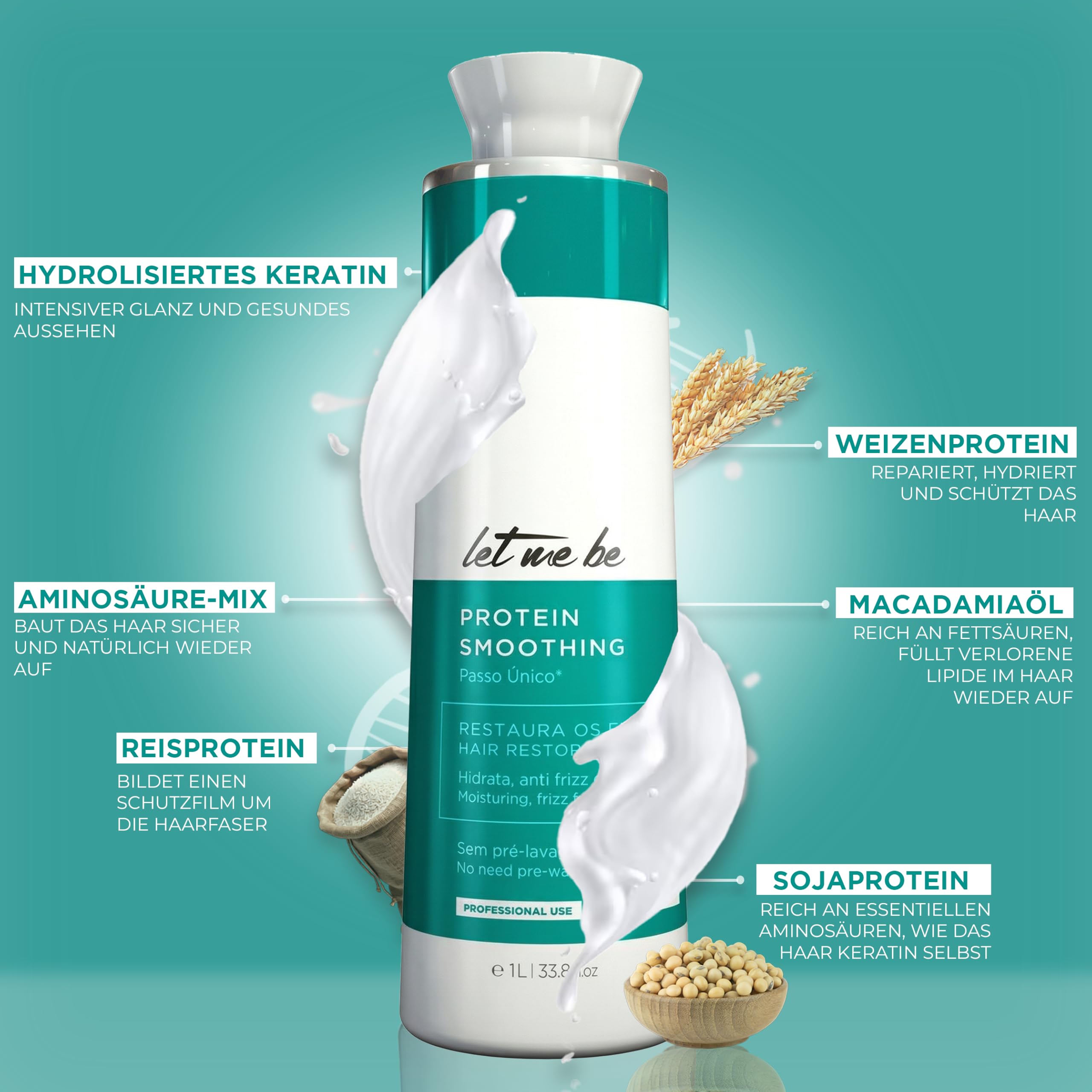 Let Me Be – Protein Smoothing, Organische Brasilianische Keratin-Haarglättung in 1 Schritt, Formaldehydfrei, mit hydrolysiertem Keratin, Professionelle Ergebnisse bis zu 6 Monate – 500ml